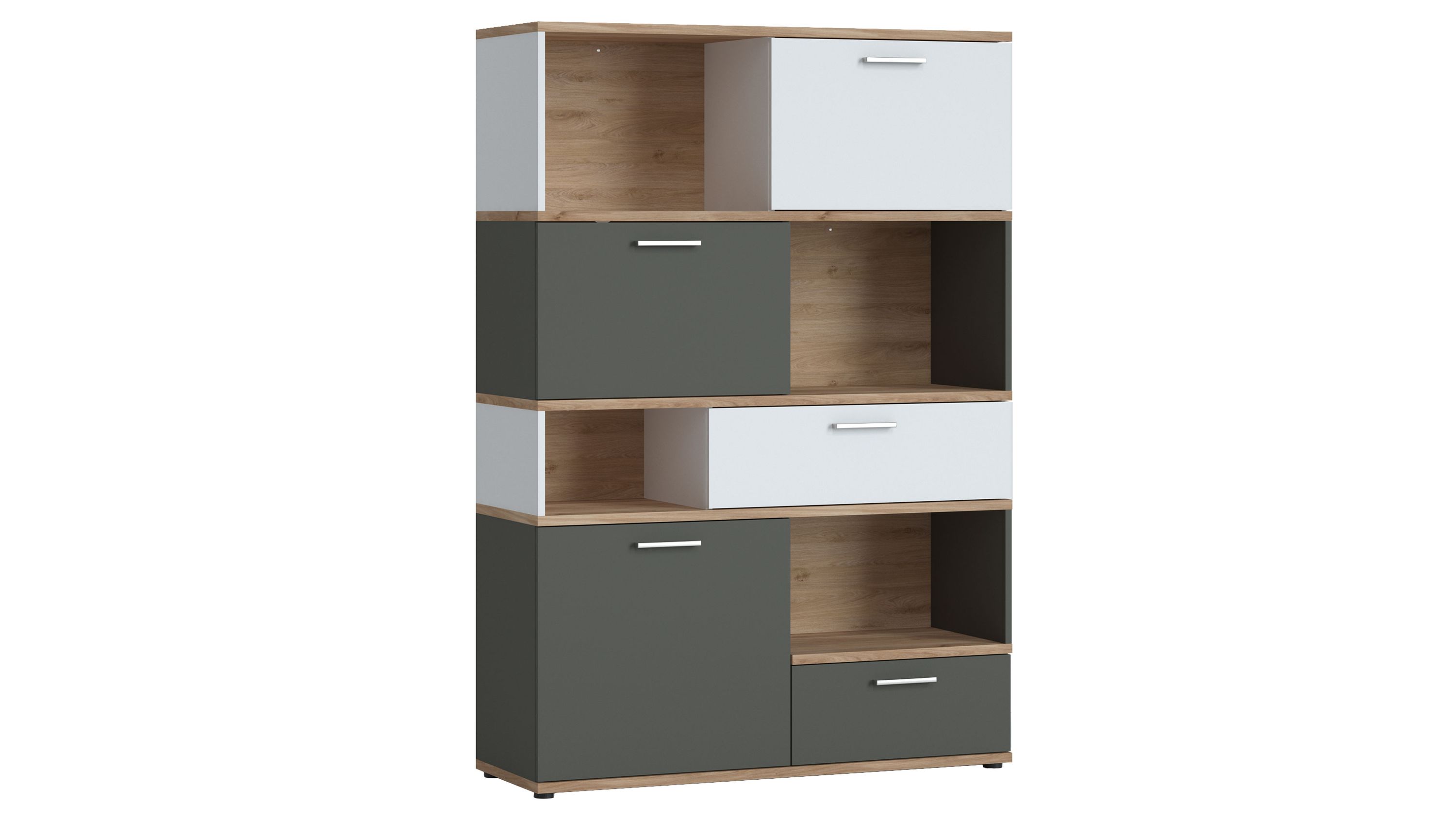 Regal mit Türen und offenen Fächern in Weiß Graphit und Holzfarben Regal mit offenen Fächern und Türen in weiß graphit und honigfarbenem Holzdekor