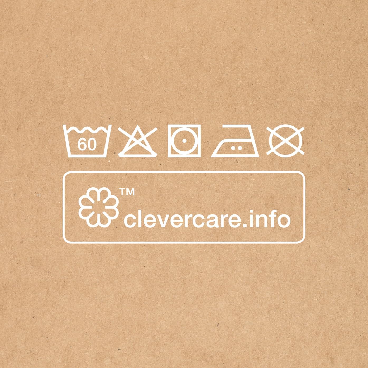 Wasch-, Bleich-, Trocken-, Bügel- und Reinigungs-Symbole auf braunem Hintergrund, unten „clevercare.info“