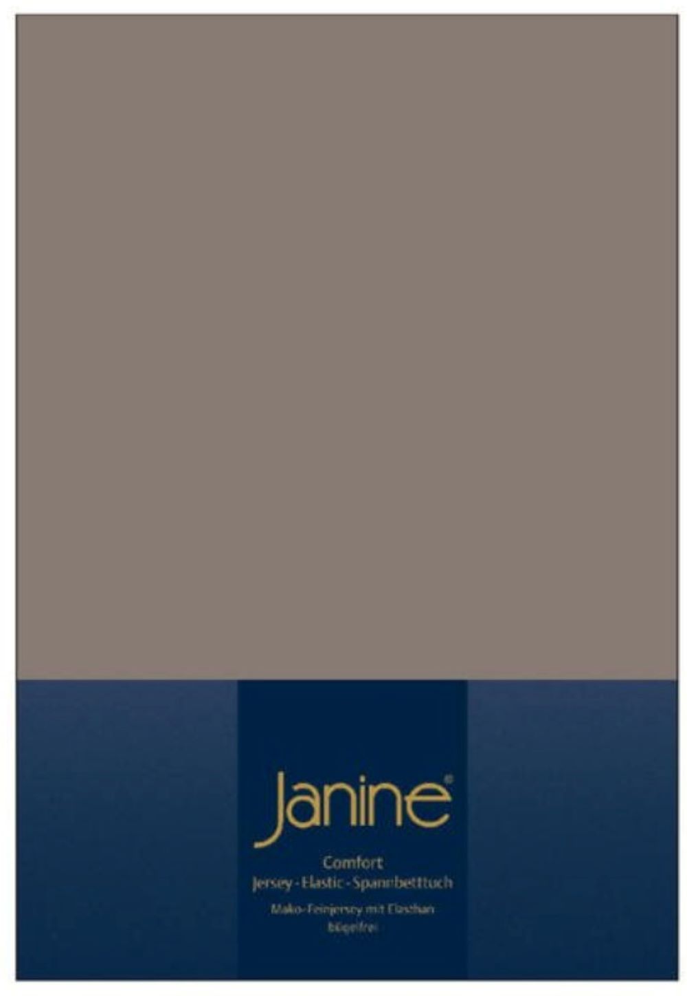 Graubraunes Spannbetttuch in blauer Verpackung mit goldener Janine-Aufschrift  frontal leicht von oben fotografiert