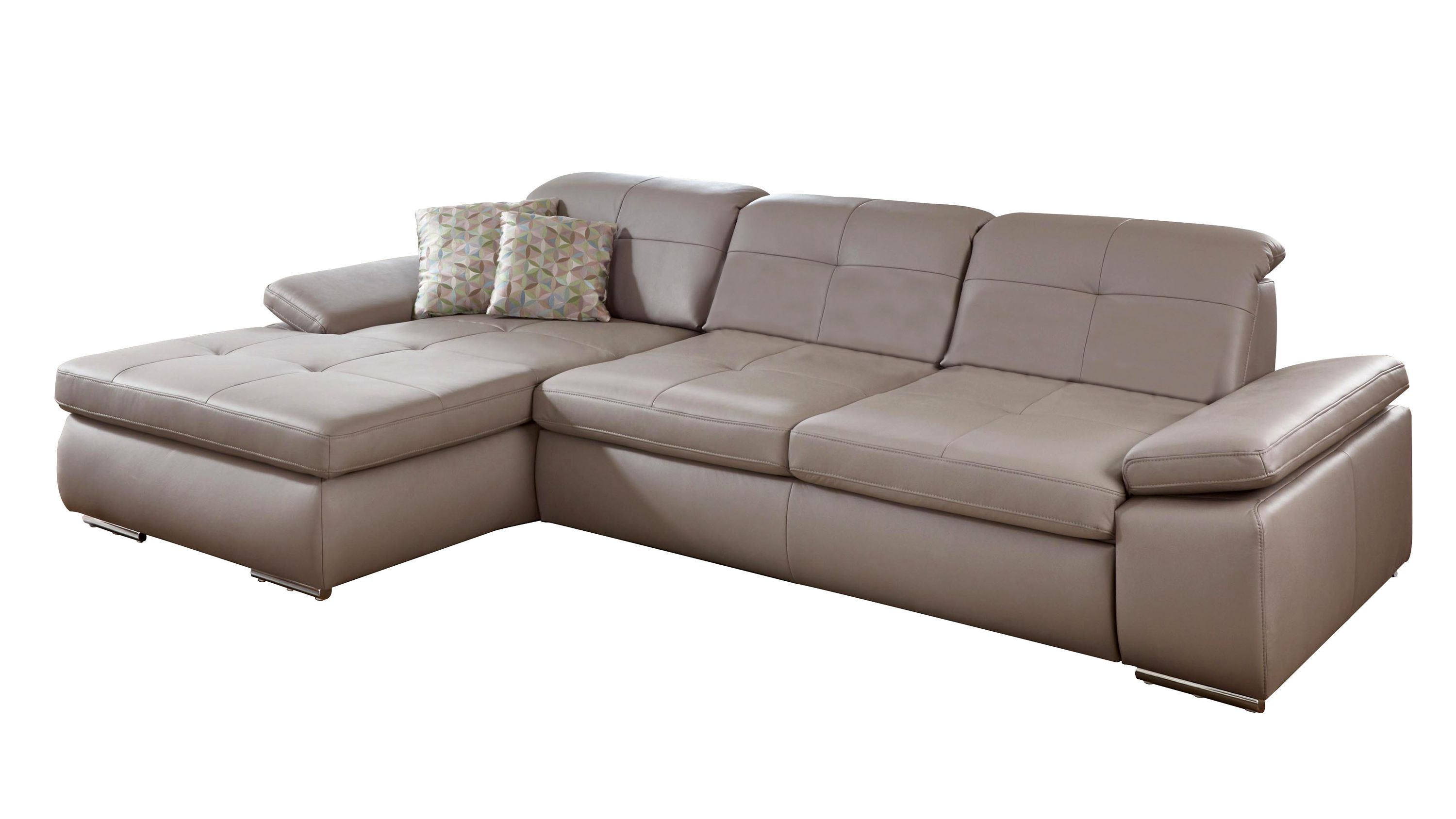Ecksofa mit zwei Sitzflächen und Rückenlehnen in granitfarbener Lederoptik mit zwei gemusterten Kissen