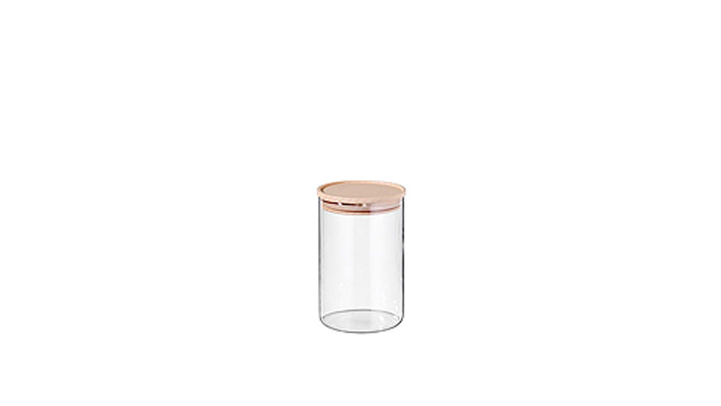 Zylindrisches Vorratsglas mit klarem Glas und hellem Holzdeckel