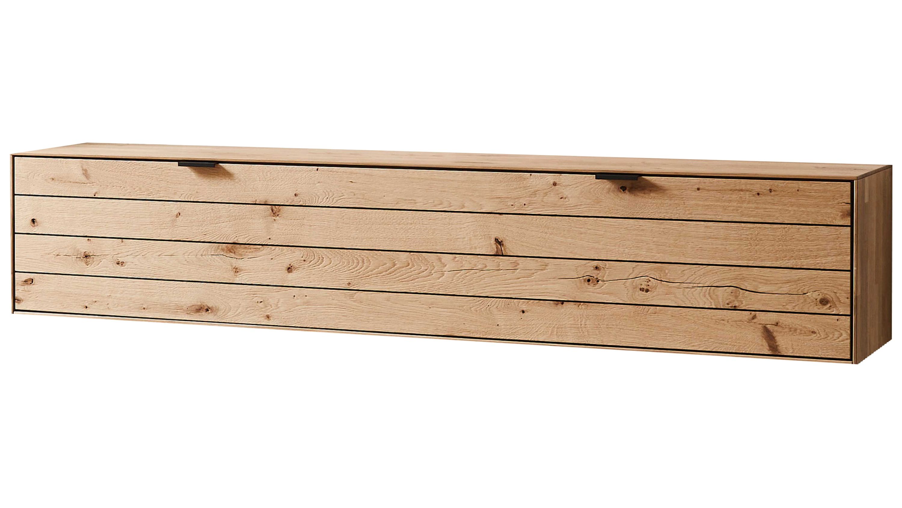 Lowboard mit einer Klappe aus hellem Holz Rechteckiges Lowboard mit einer Klappe aus hellem Holz mit sichtbarer Maserung und zwei schwarzen Griffen