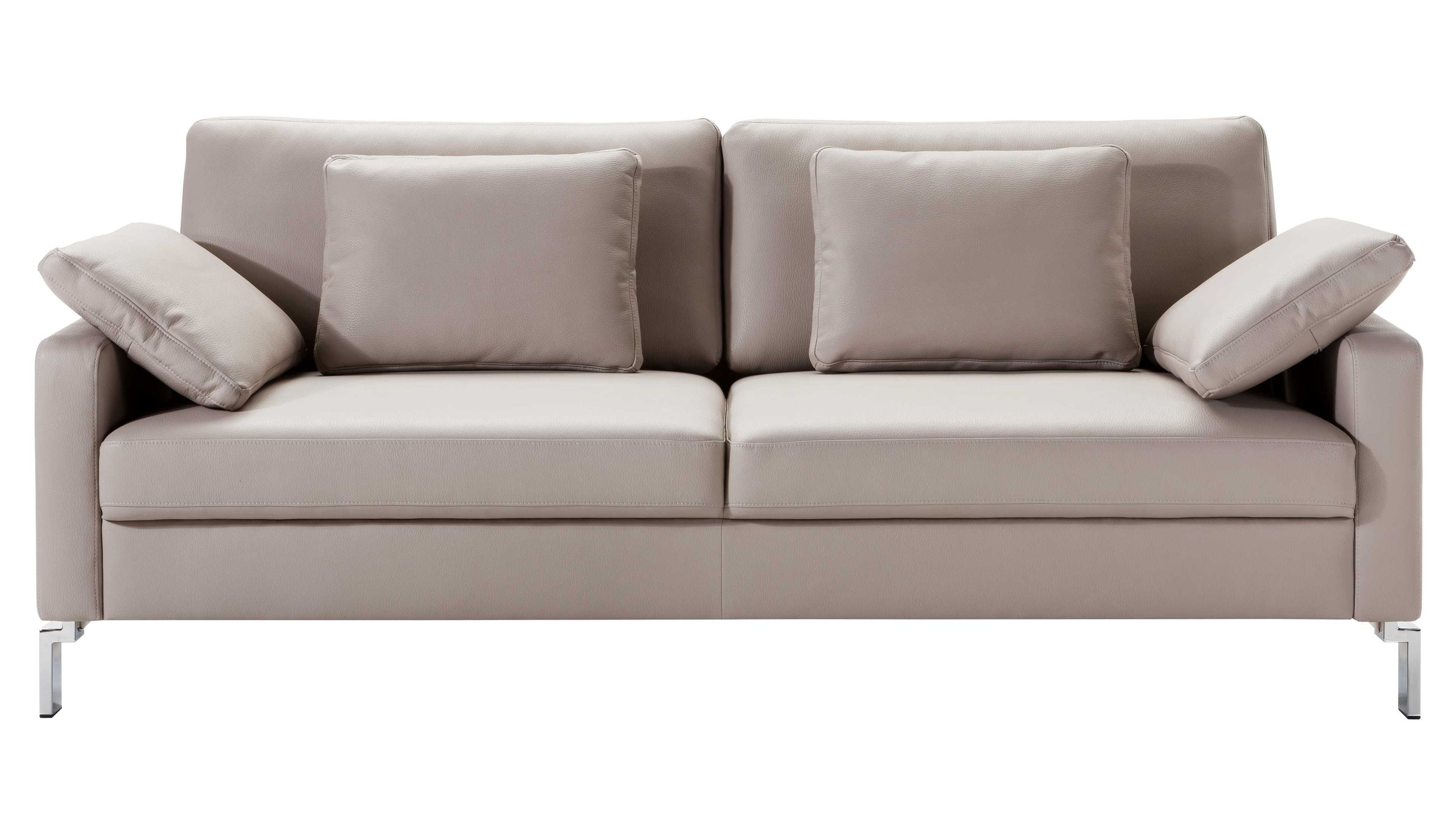 Zweisitziges Sofa mit hellgrauem Lederbezug zwei Rücken- und zwei Armlehnenkissen Chromfüße
