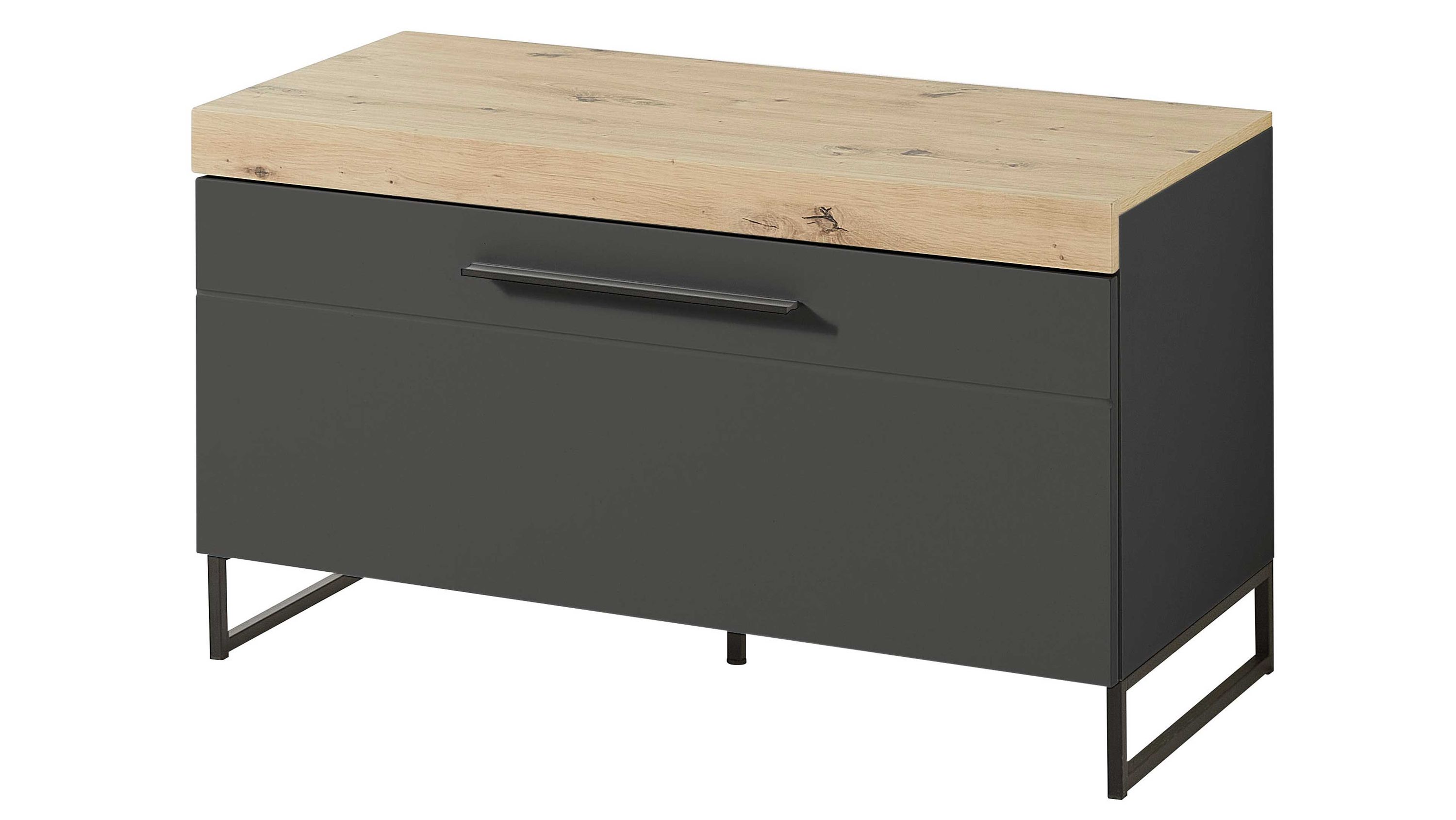 Unterschrank mit einer Tür in dunklem Grau und heller Holzoptik auf schwarzem Metallgestell