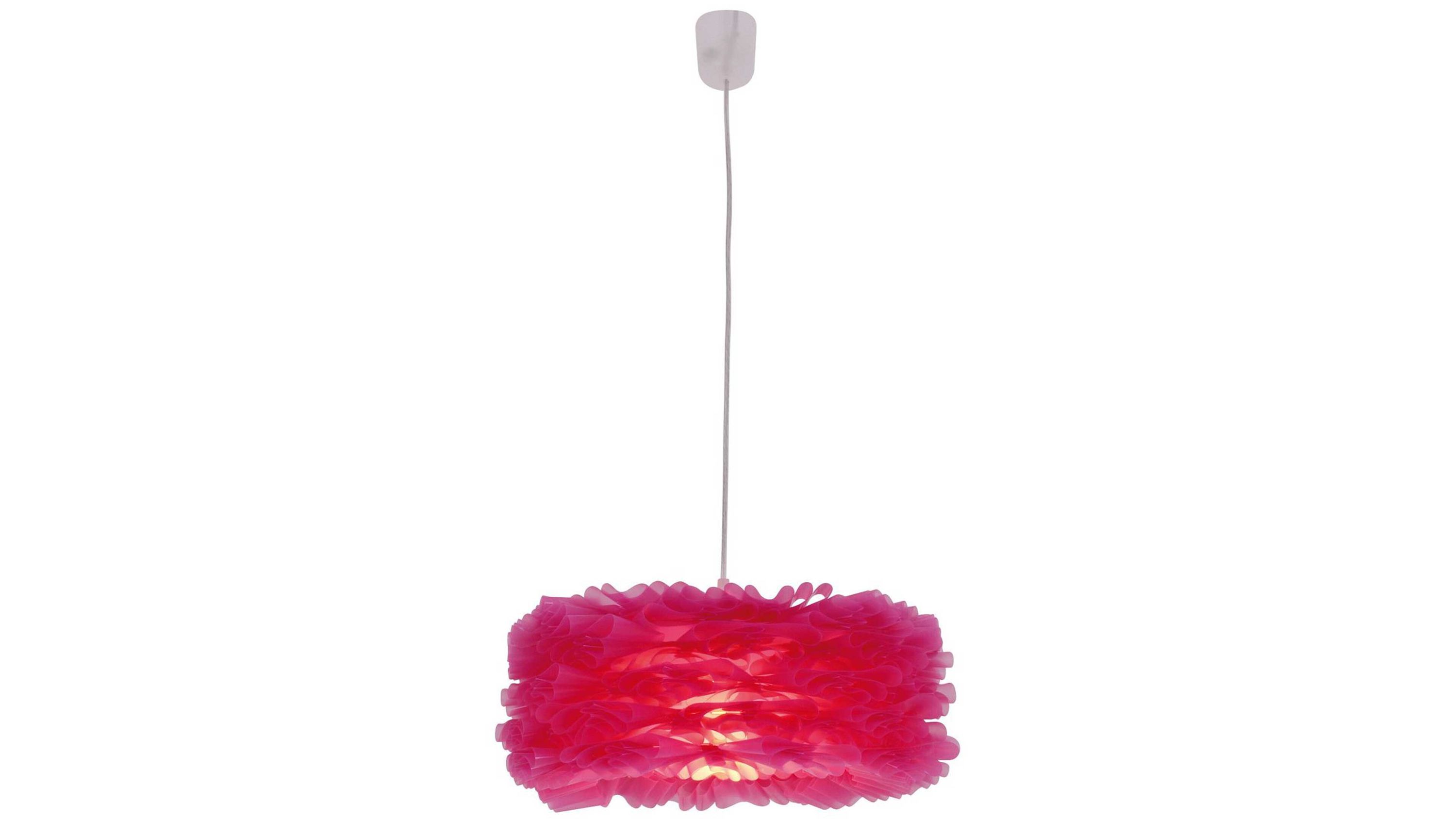 Runde Hängelampe mit mehreren pinken Kunststoffelementen an weißem Kabel