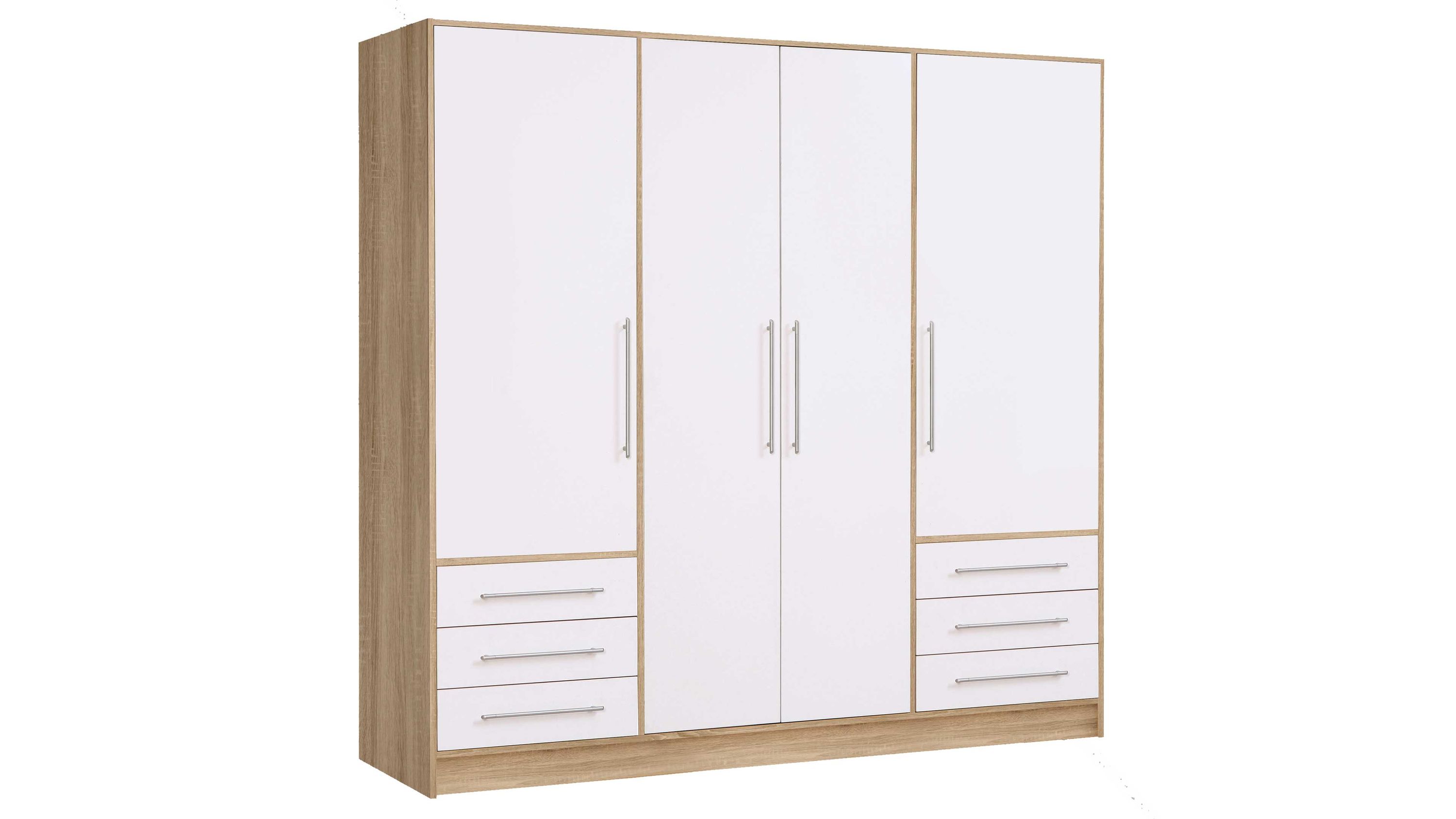 Kleiderschrank mit weißen Türen und Holzoptik Kleiderschrank mit vier weißen Türen und sechs Schubladen in Holzoptik