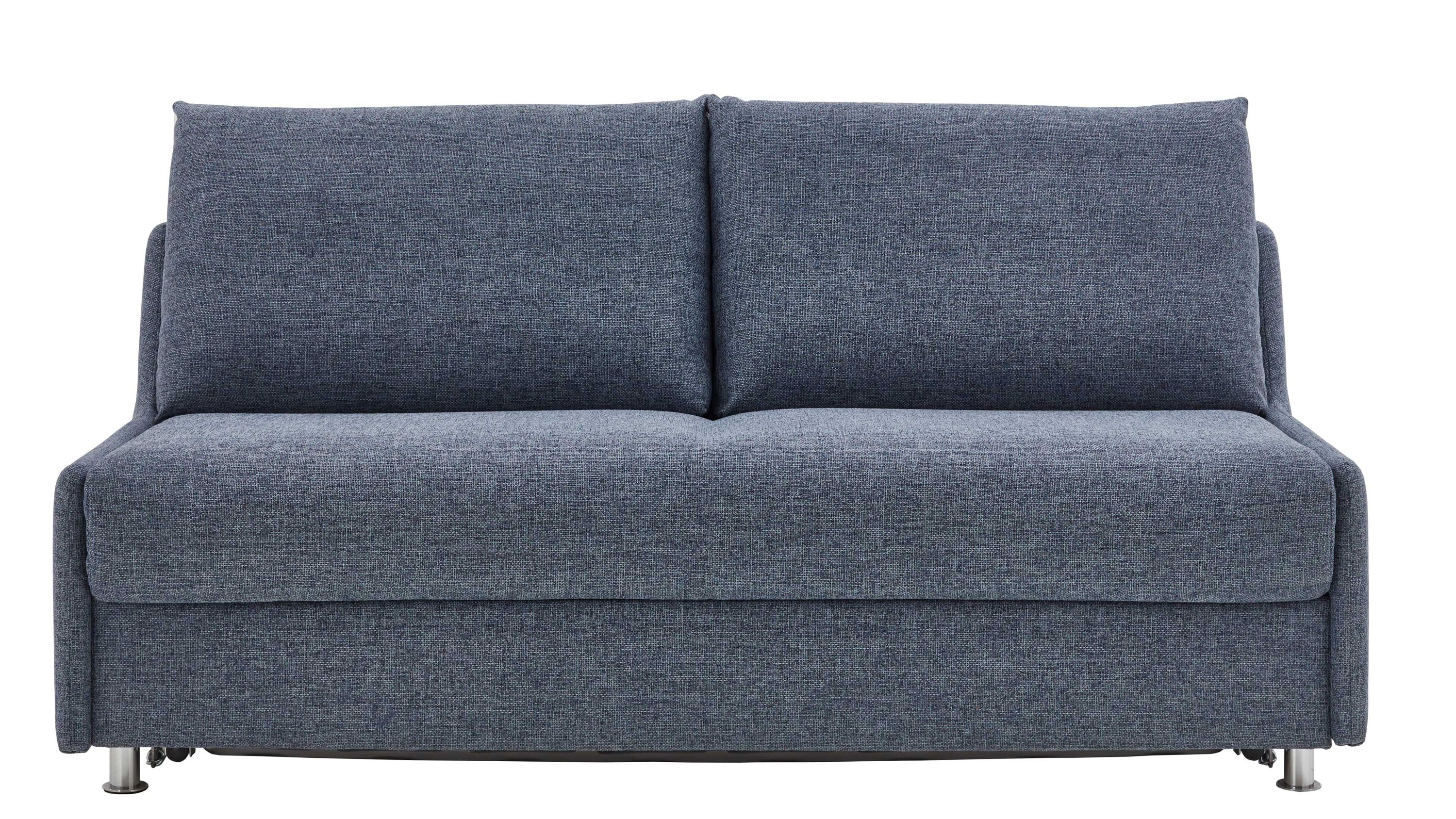 Schlafsofa mit geradem Rücken graublauem Stoffbezug und chromfarbenen Füßen