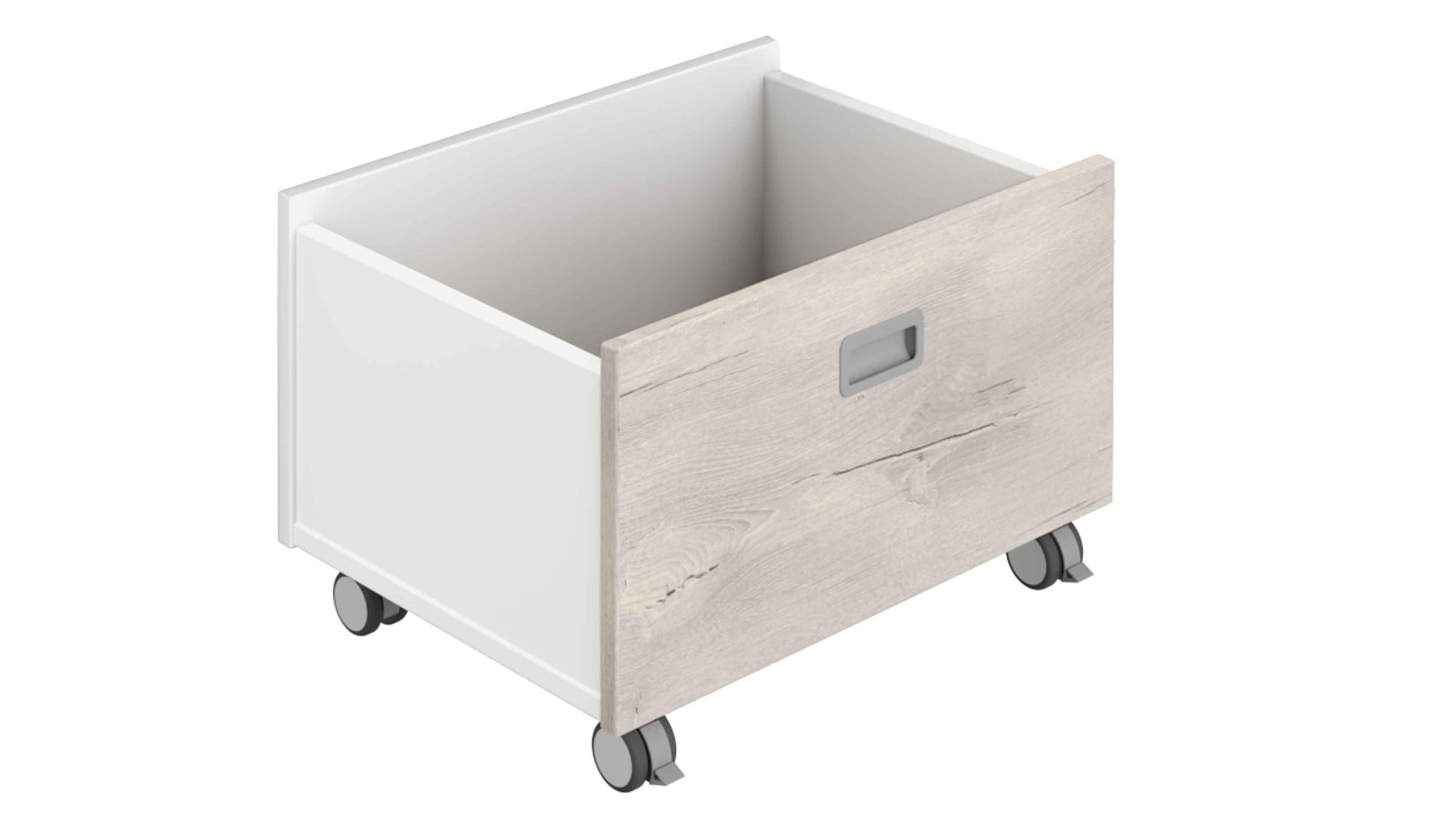 Weiße Rollbox mit hellbrauner Frontplatte und Grifföffnung auf Rollen