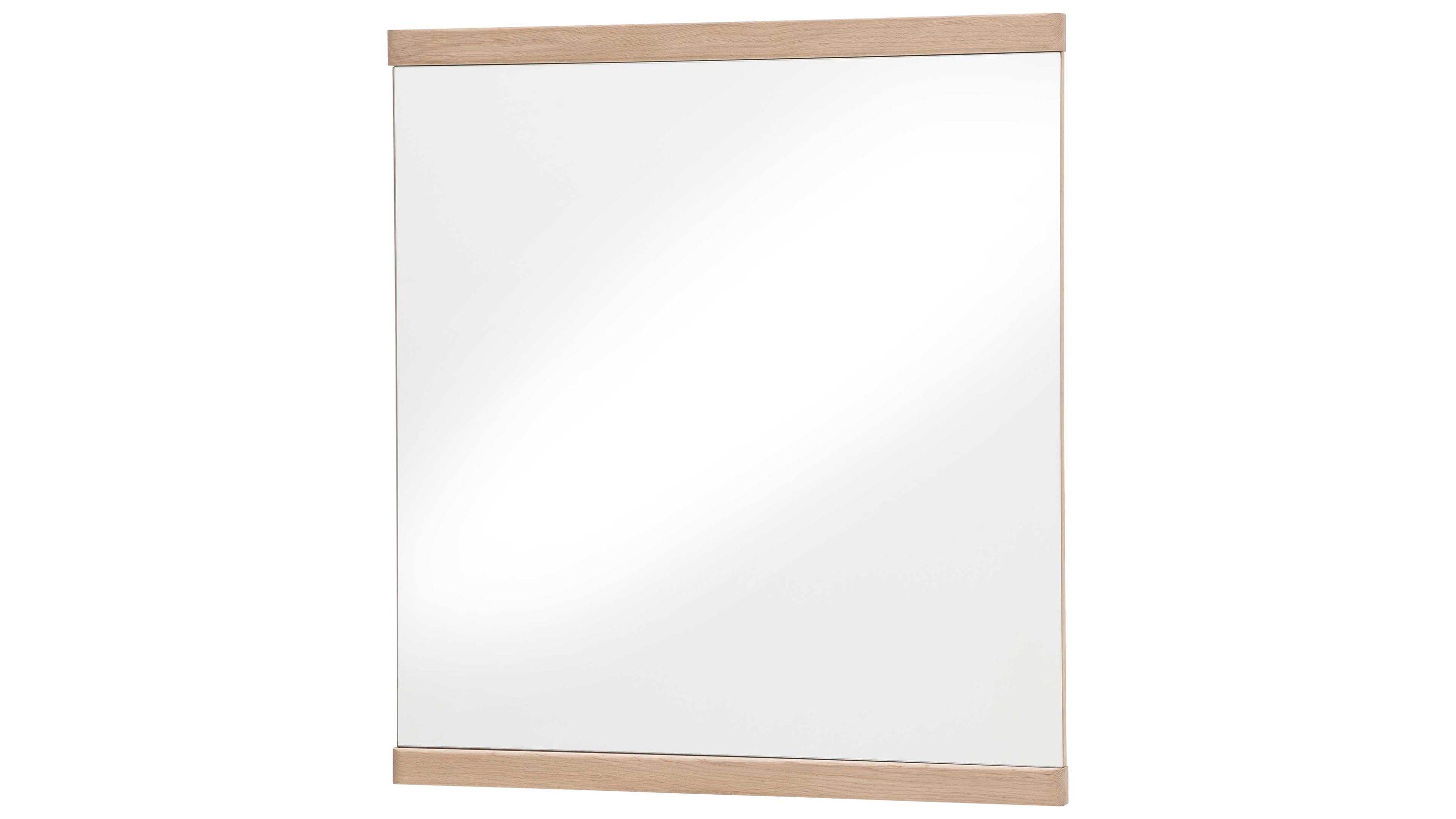 Quadratischer Wandspiegel mit Holzrahmen Quadratischer Wandspiegel mit hellem Holzrahmen oben und unten