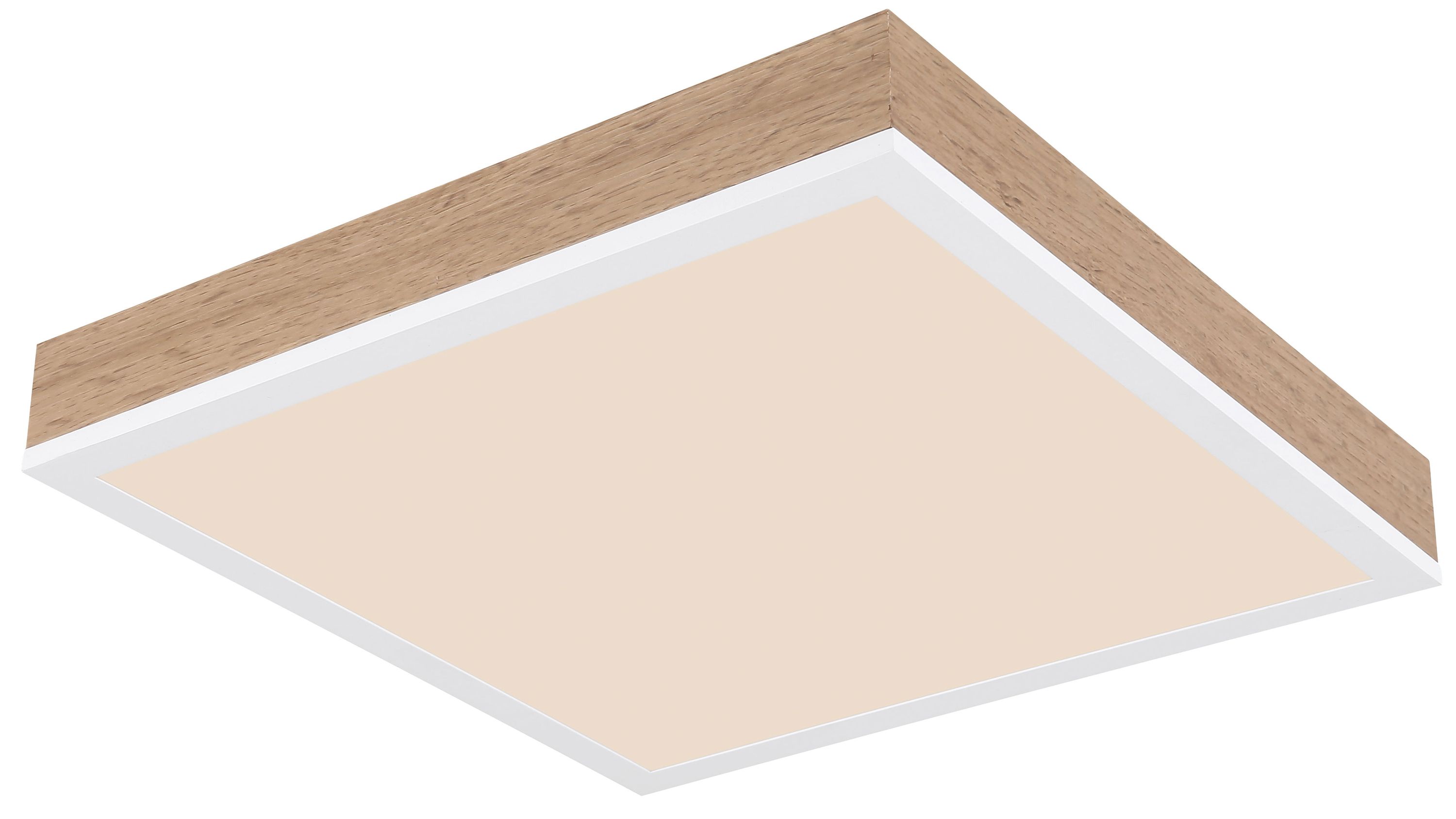 Quadratische Deckenleuchte mit Holzrahmen und weißer Leuchtfläche