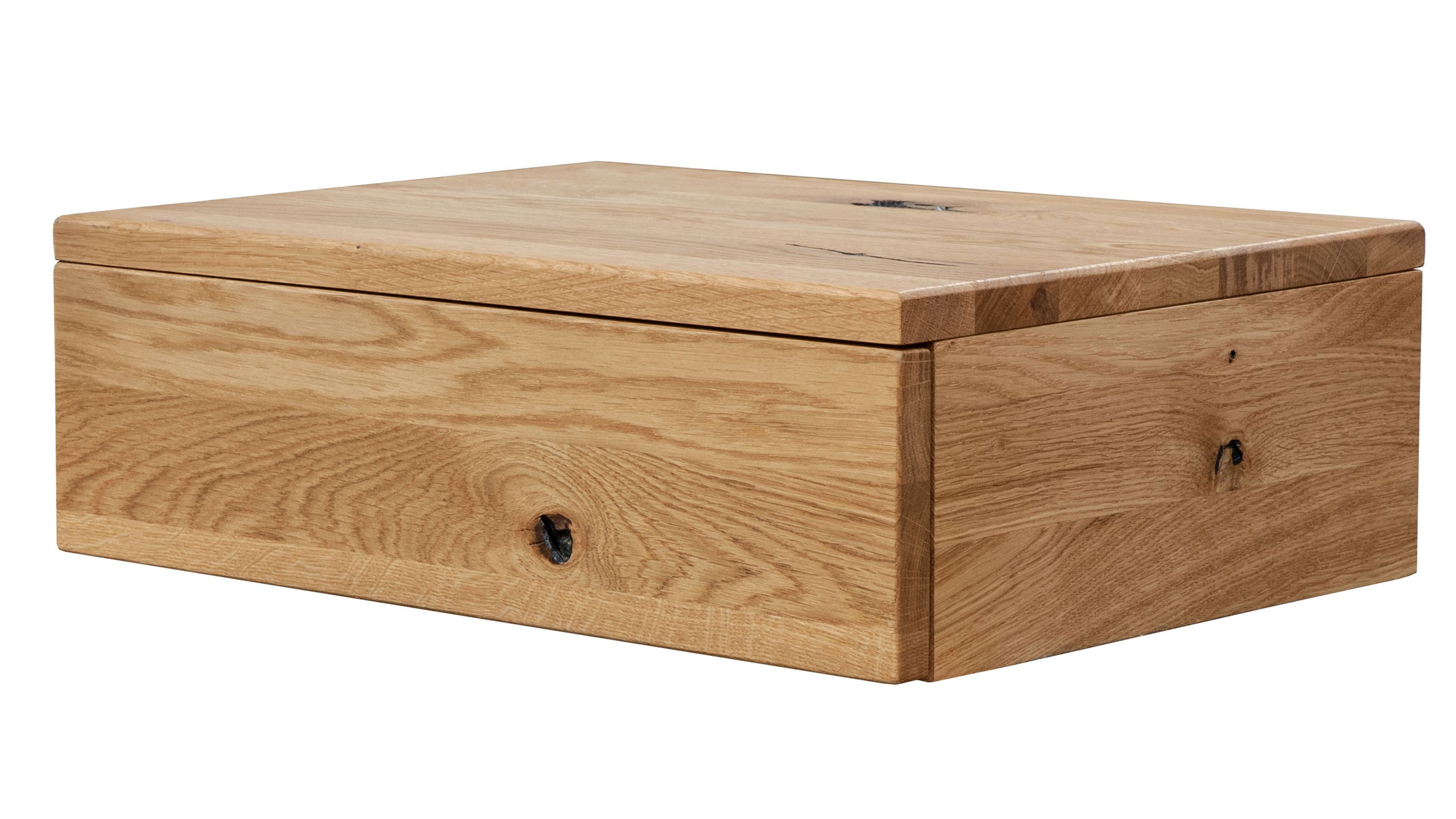 Hängekonsole aus geöltem Holz quadratisch Quadratische Hängekonsole aus geöltem Holz mit sichtbarer Maserung und Knoten