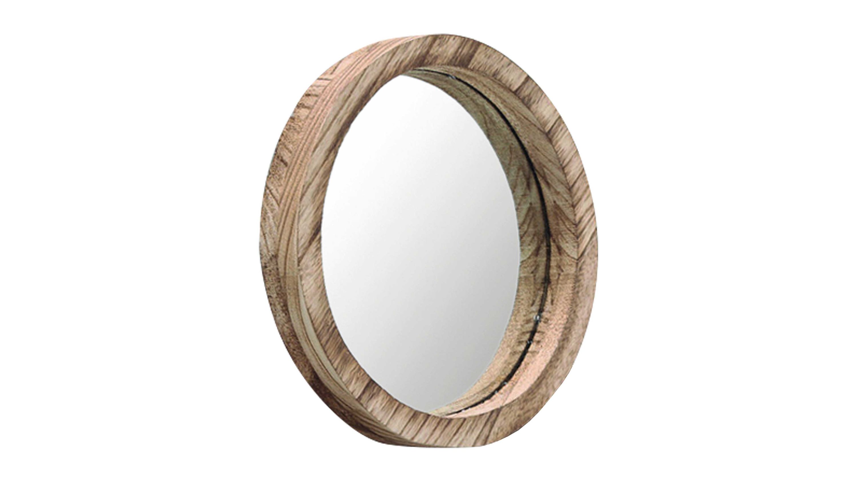 Runder Wandspiegel mit breitem Rahmen aus hellem Holz