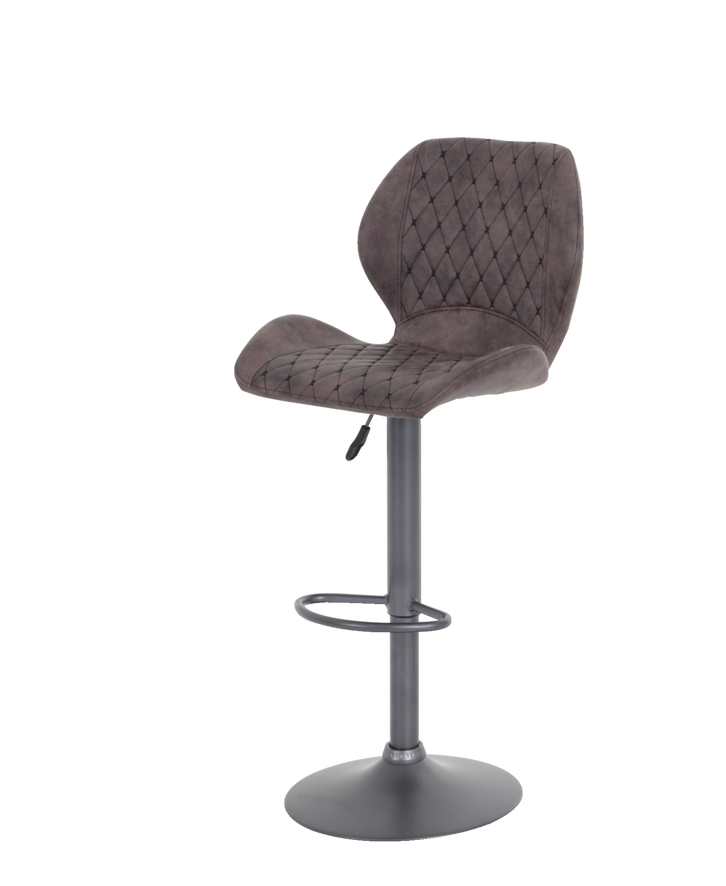 Barhocker mit braunem gepolstertem Sitz und Rückenlehne mit Steppmuster und grauem Metallfuß