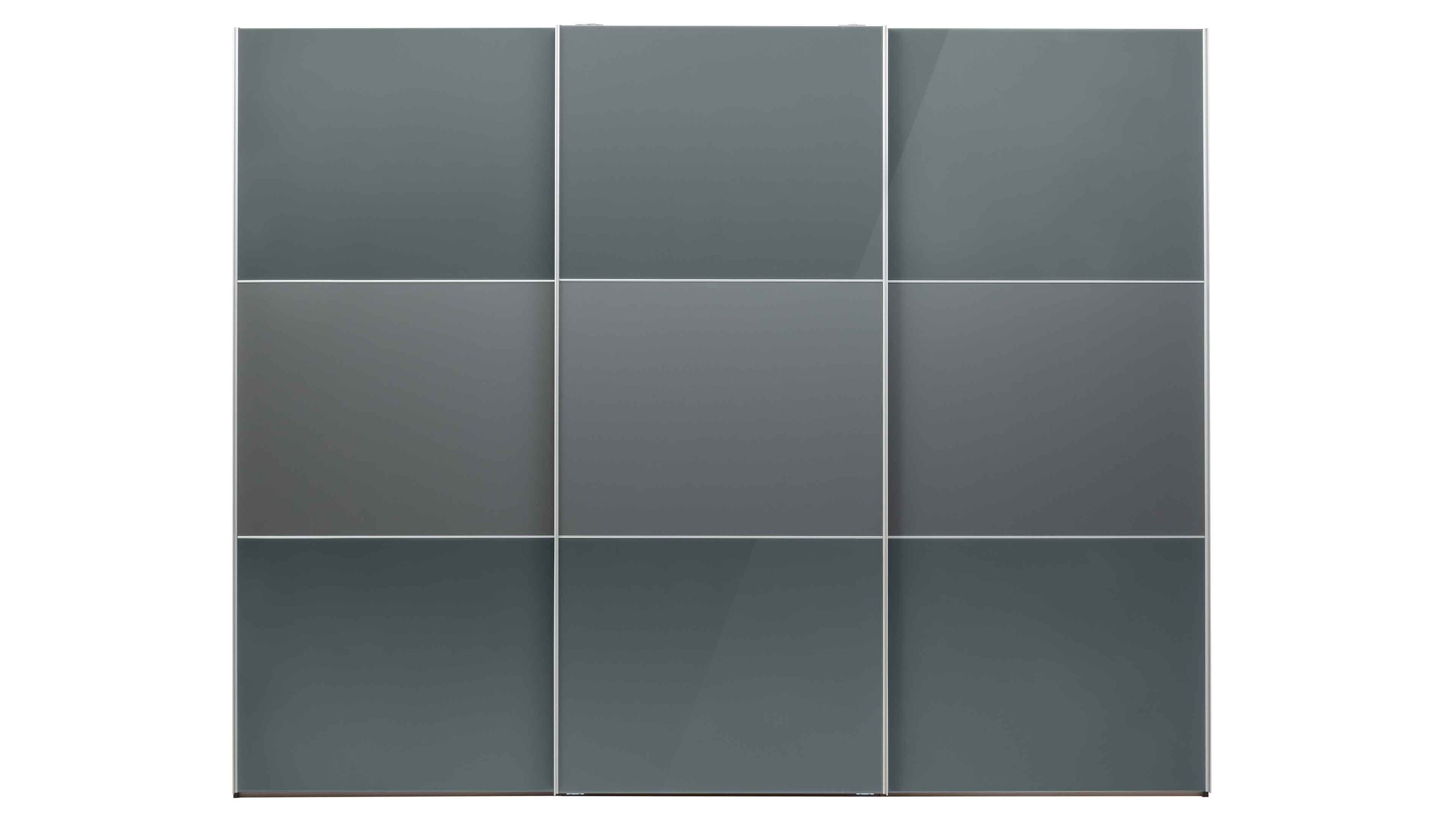 Dreiteiliger Schwebetürenschrank mit glatten grauen Türen und Aluminiumrahmen