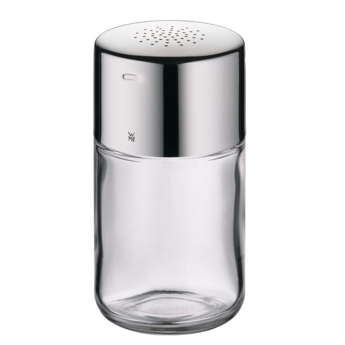 Streuer aus Glas mit Edelstahldeckel Transparenter Streuer mit zylindrischem Glasbehälter und glänzendem Edelstahldeckel mit Lochmuster auf hellem Hintergrund