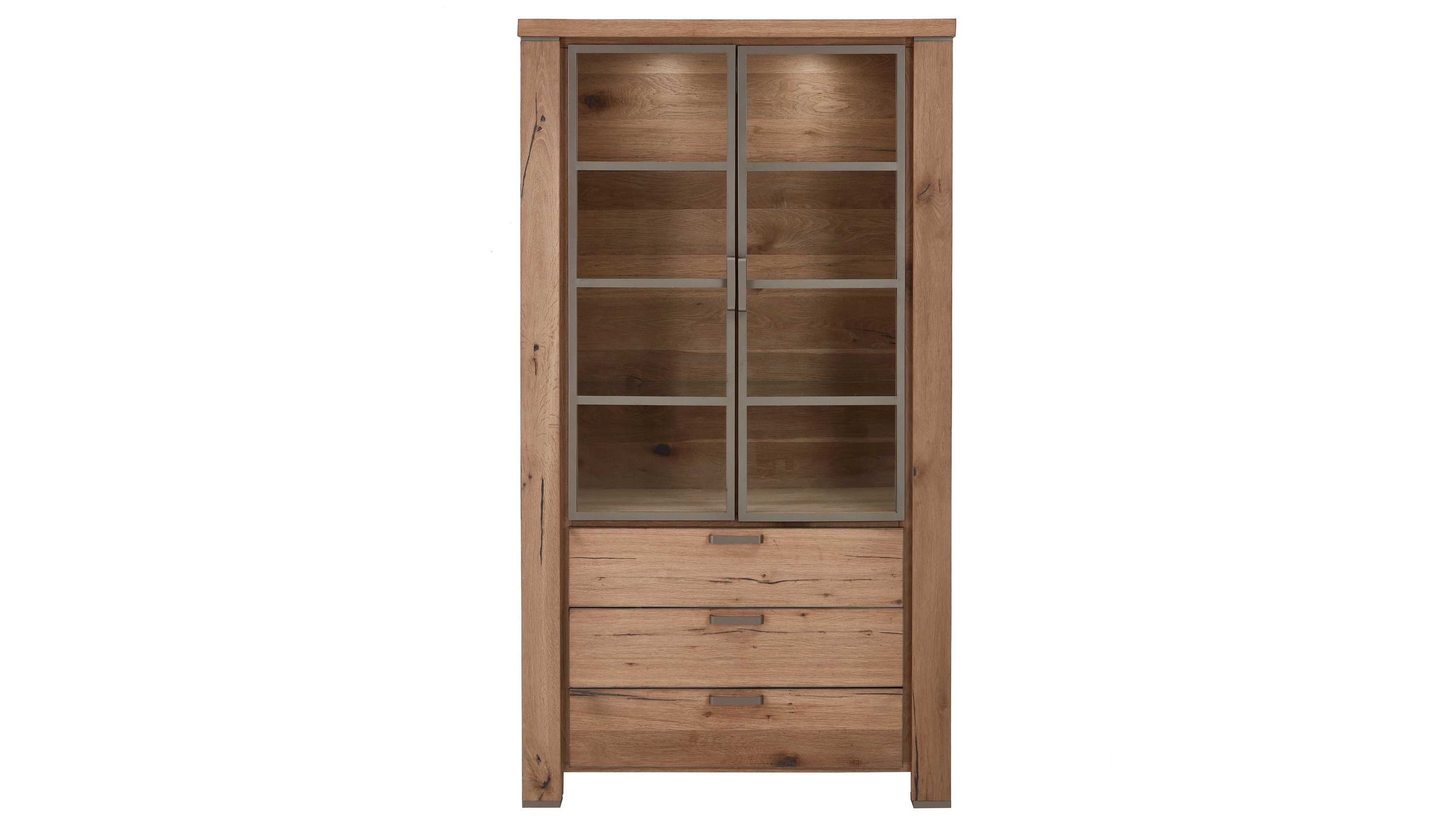 Vitrinenschrank mit Glastüren und Schubladen in brauner Holzoptik Vitrinenschrank mit zwei Glastüren und drei Schubladen in brauner Holzoptik mit Metallrahmen