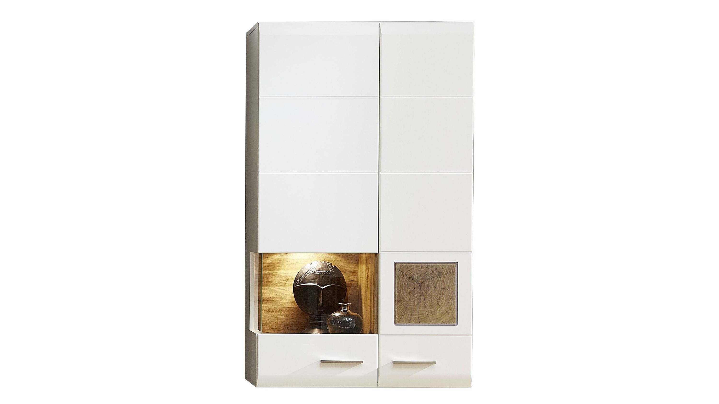 Hängevitrine mit zwei weißen Türen offenem Fach mit Holzrückwand und Holzdekor auf einer Tür