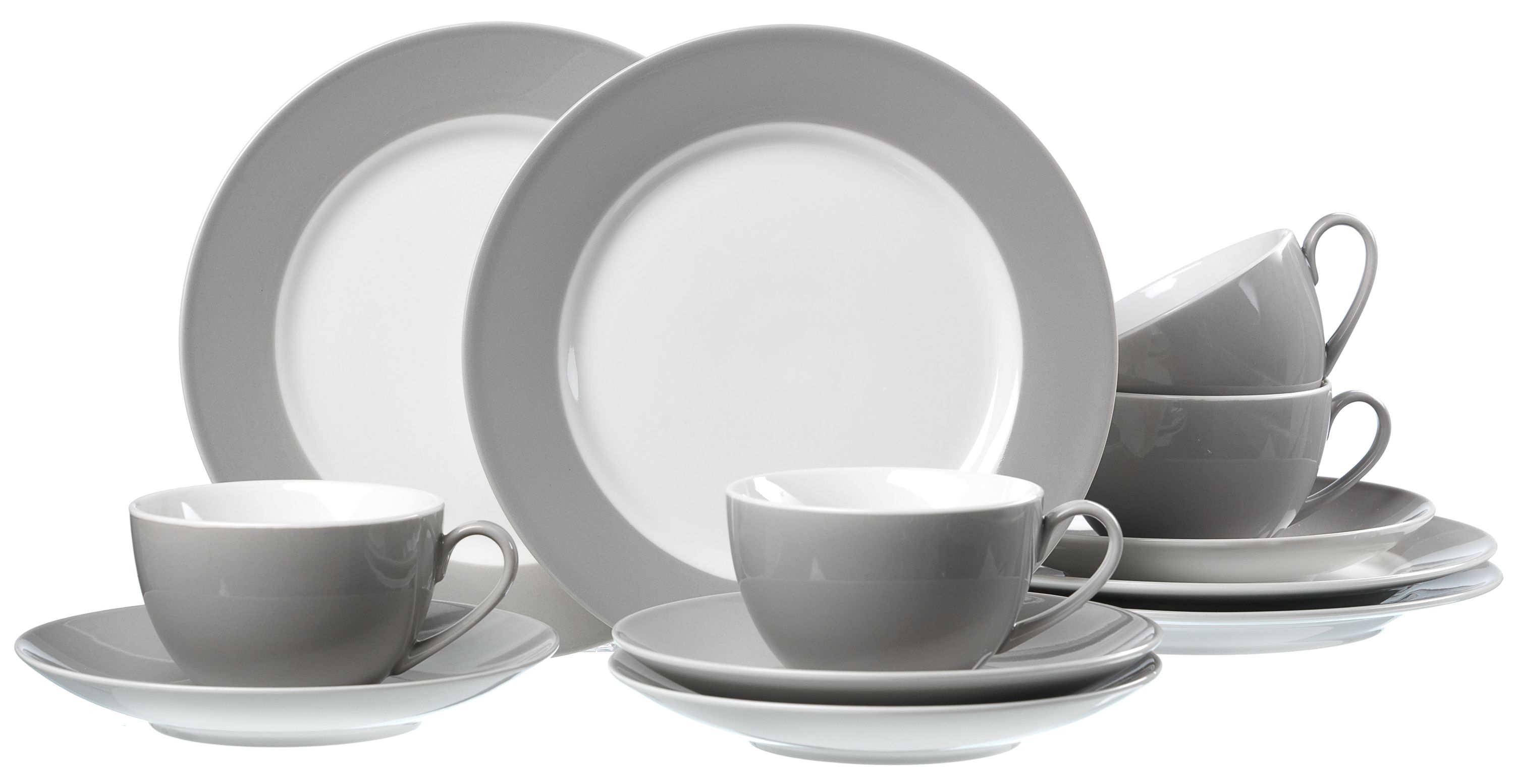 Kaffeegeschirr mit weißen Tassen und grauen Untertassen sowie weißen Tellern mit grauem Rand