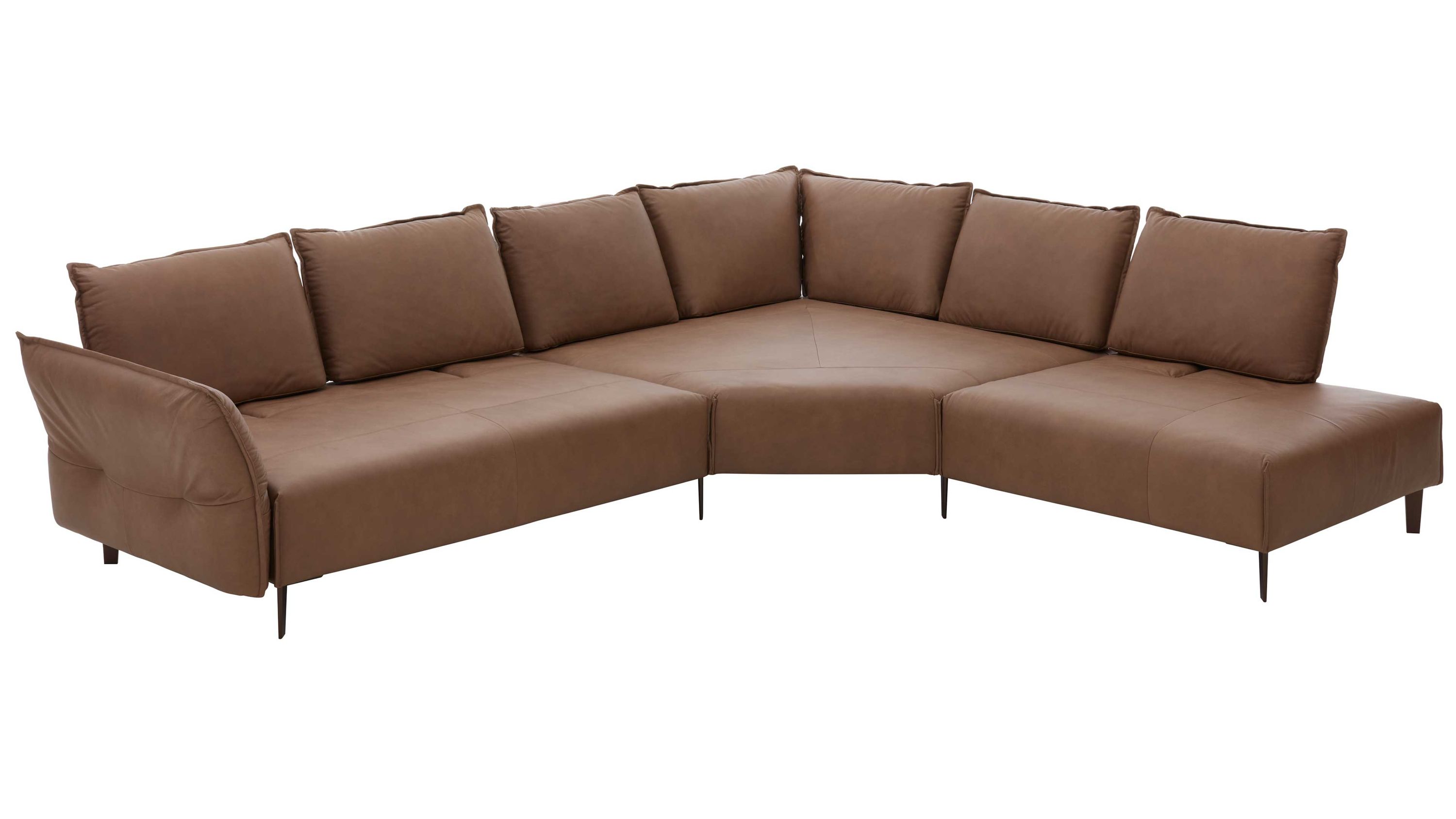 Braunes Leder-Ecksofa mit Metallfüßen Ecksofa mit sechs Rückenpolstern braunes Leder schlanke bronzefarbene Metallfüße