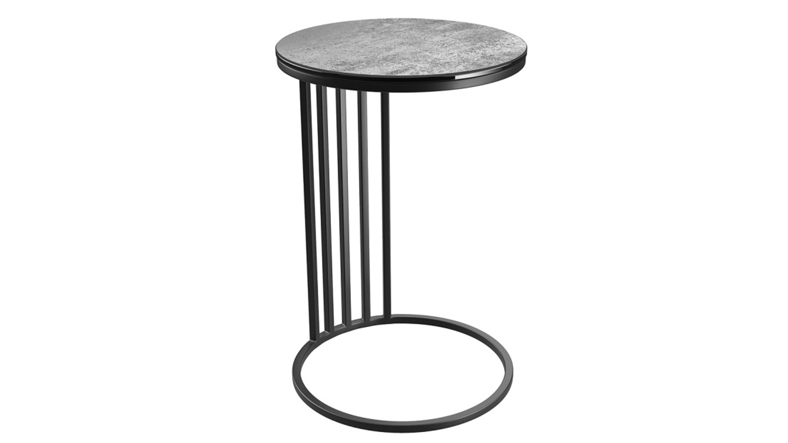 Runder Beistelltisch mit silberfarbener Platte und schwarzem Gestell Runder Beistelltisch mit silberfarbener Tischplatte und schwarzem Metallgestell mit vier Stäben