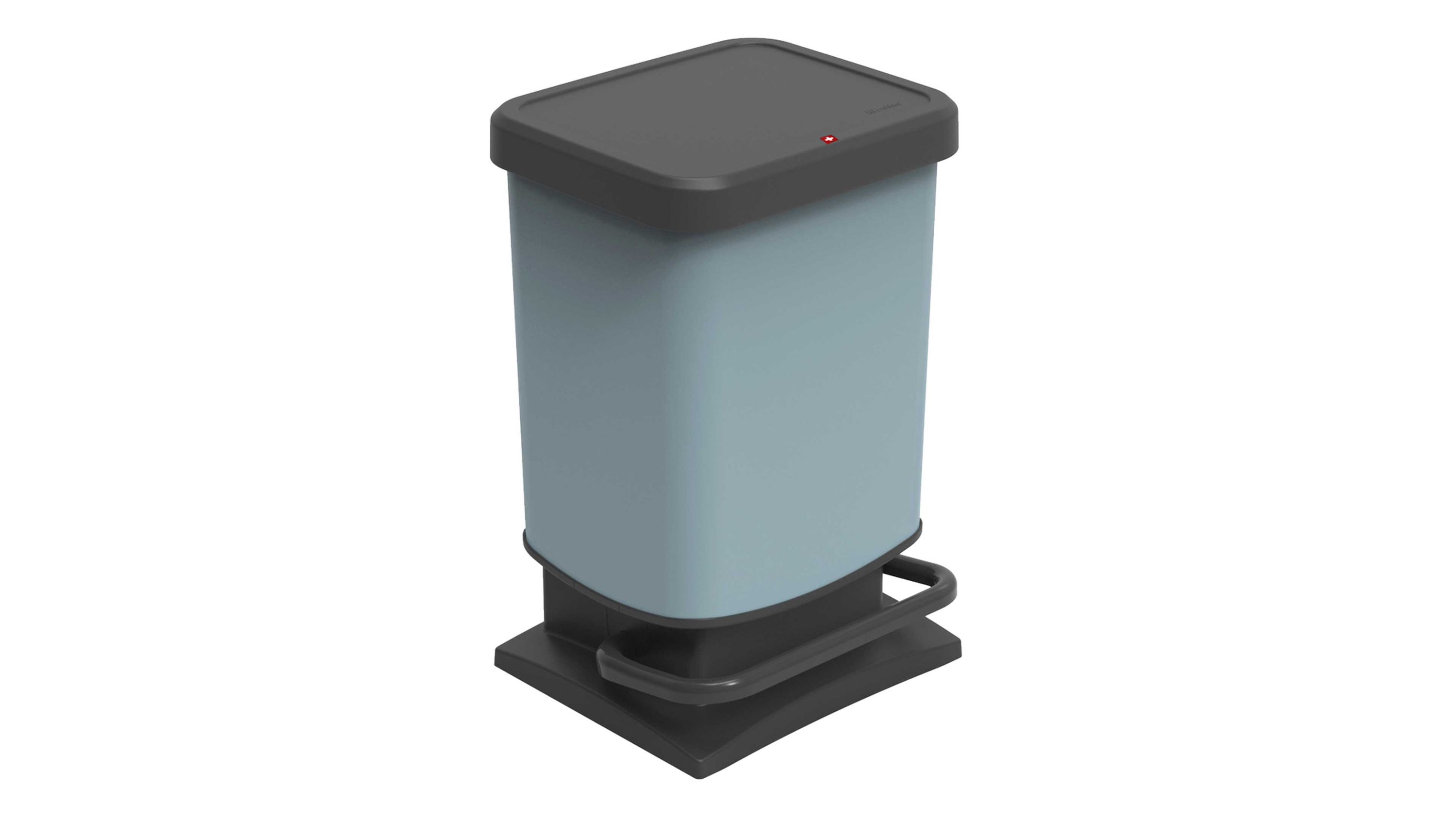 Treteimer mit Fußpedal in hellblau und schwarz Rechteckiger Treteimer mit hellblauem Behälter und schwarzem Deckel und Fußpedal