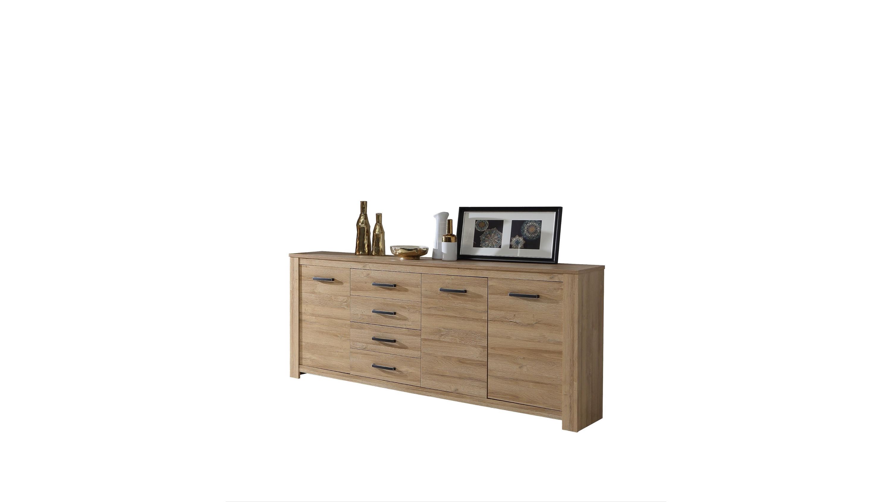 Sideboard mit drei Türen und vier Schubladen in heller Holzoptik mit Dekoration