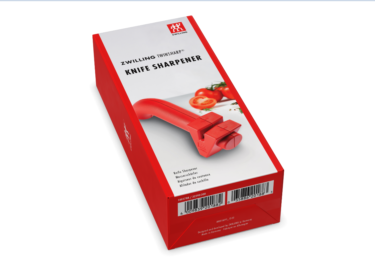 Roter Messerschärfer mit Griff und zwei Schleifsteinen auf Verpackung mit rotem Rand und weißer Fläche