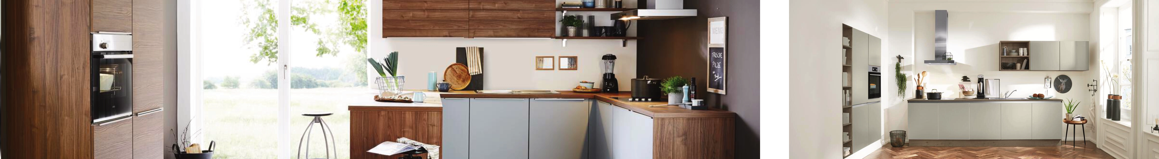 Zwei moderne Küchen: links Holz- und Grauküche im L-Design mit Oberschränken und Geräten, rechts helle Einbauküche in Weiß-Grau mit Kochinsel und viel Stauraum.