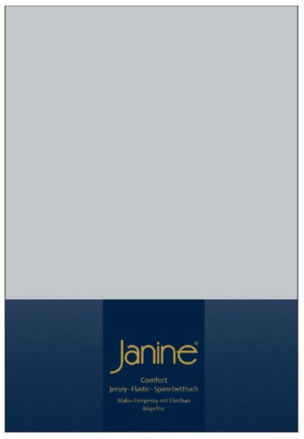 Hellgraues Topper-Spannbetttuch in dunkelblauer Verpackung goldene Janine-Aufschrift frontal leicht von oben