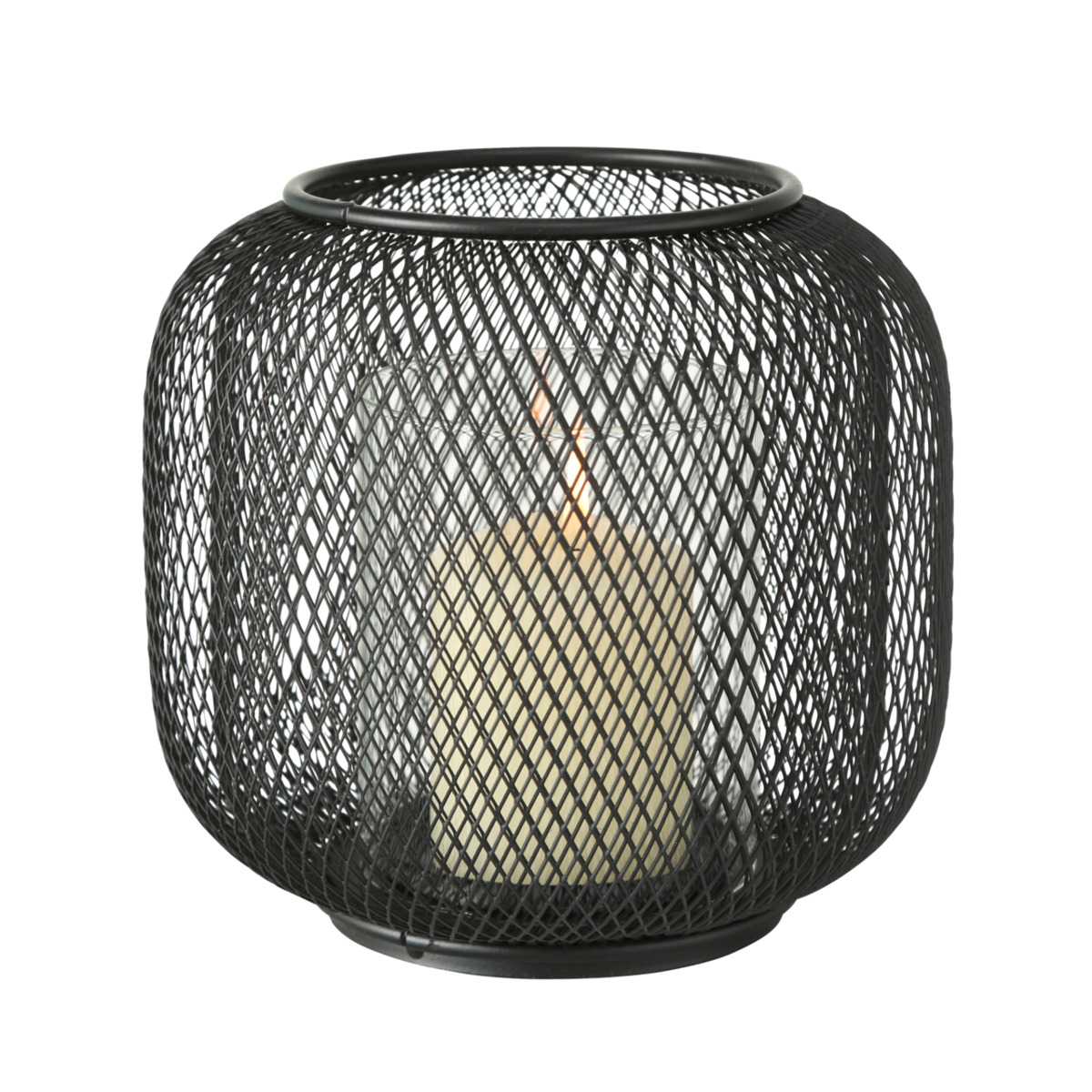 Windlicht Kerzenhalter, Schwarz, Modernes Design mit Gitterstruktur Windlicht Kerzenhalter aus schwarzem Eisen mit Gitterstruktur und weißer Kerze im Inneren  aufgenommen frontal