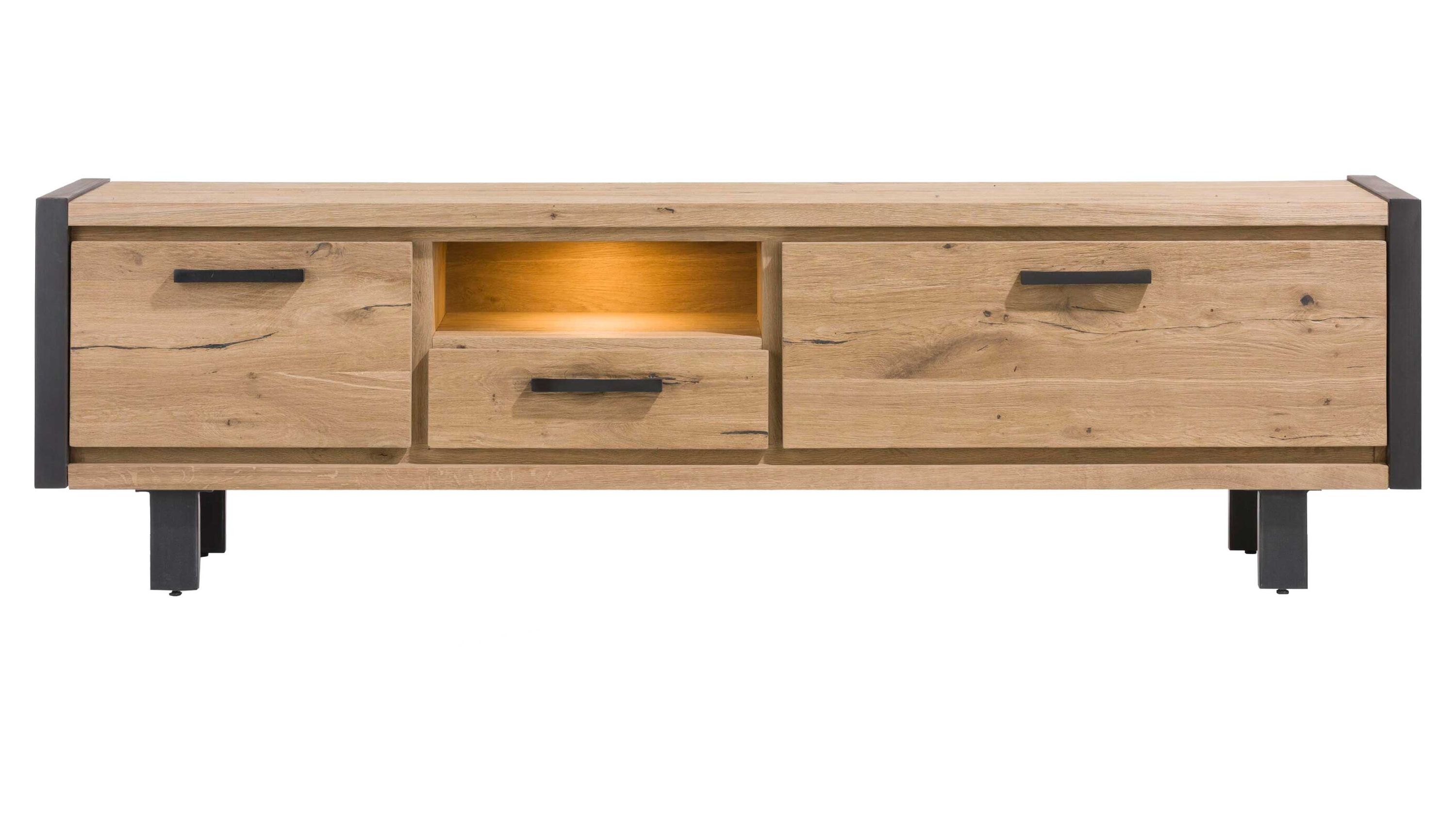 Lowboard mit zwei Türen und Schublade in braunem Holzfurnier Rechteckiges Lowboard mit braunem Holzfurnier zwei Türen einer Schublade und schwarzen Griffen