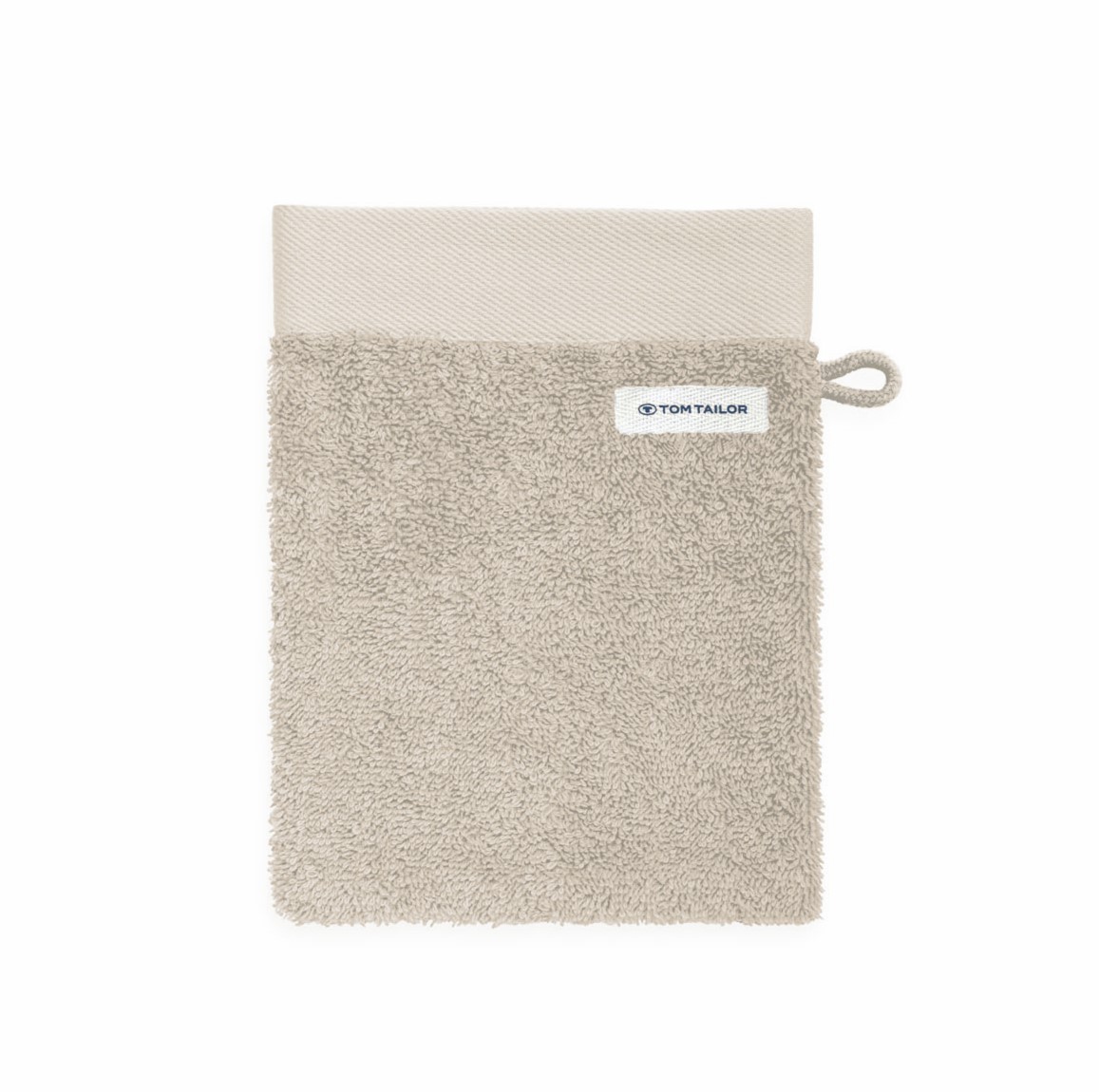 Beiger Waschhandschuh aus dem 6er-Set  aus Frottier aus mit Aufhänger und Markenlabel oben