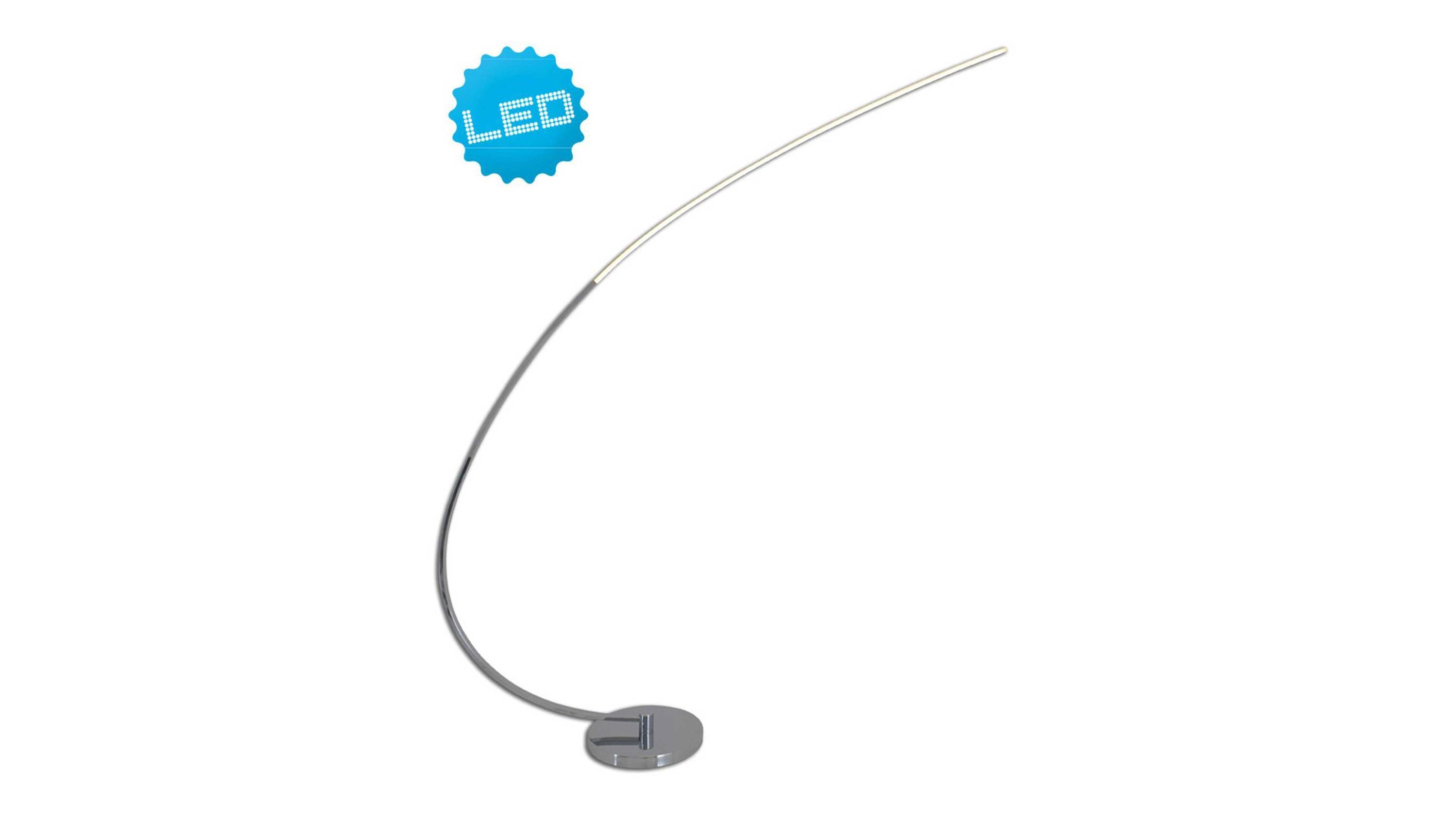 LED-Stehleuchte mit gebogenem Stab und rundem Sockel chromfarben Schlanke LED-Stehleuchte mit gebogenem Stab und rundem Sockel in chromfarben