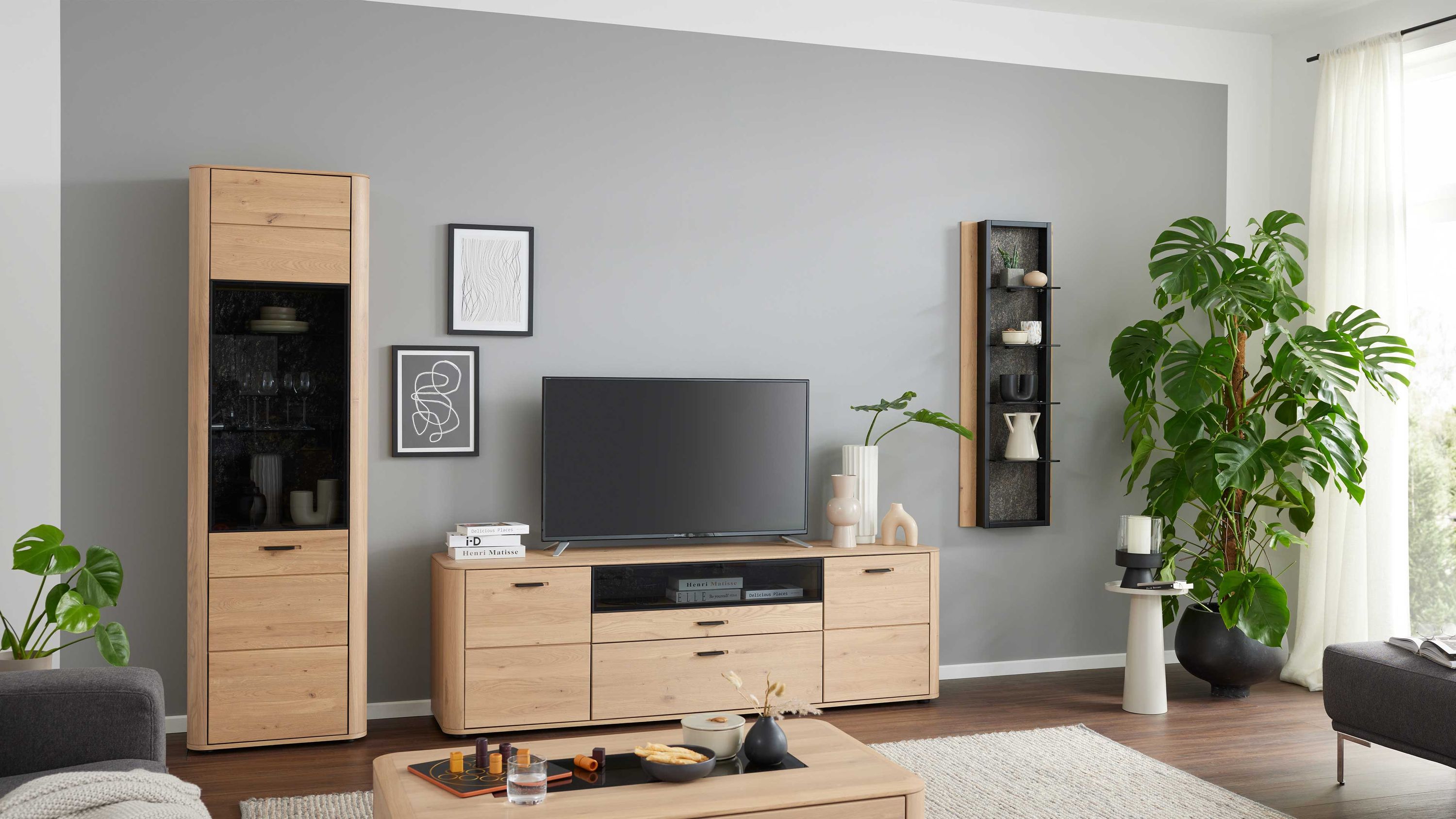 Interliving Wohnzimmer Serie 2029 - Wohnwand 80 Wildeiche & Granit-Steinoptik - dreiteilig, Breite ca. 275 cm