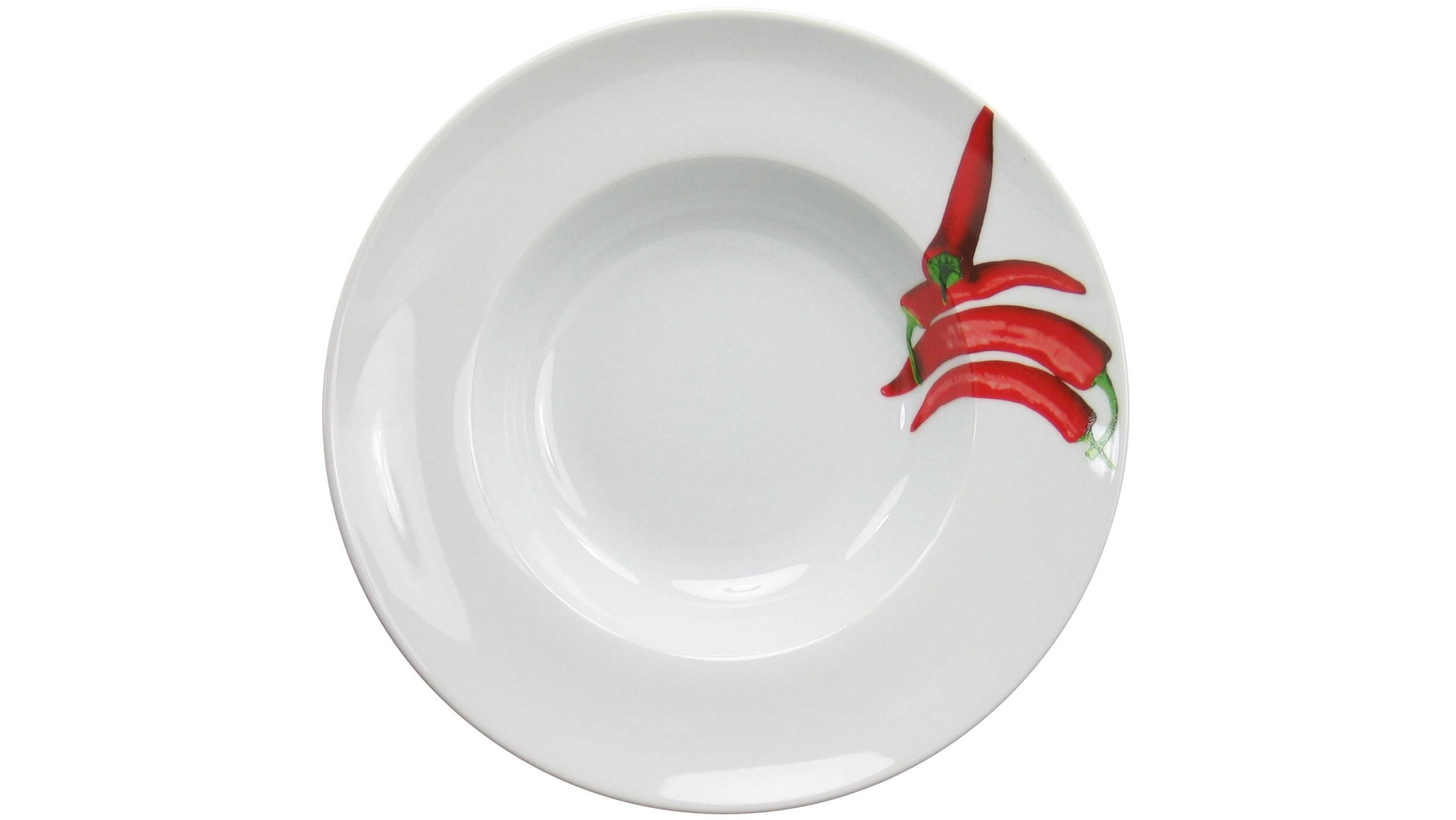 Runder weißer Pastateller mit rotem Chili-Motiv am Rand