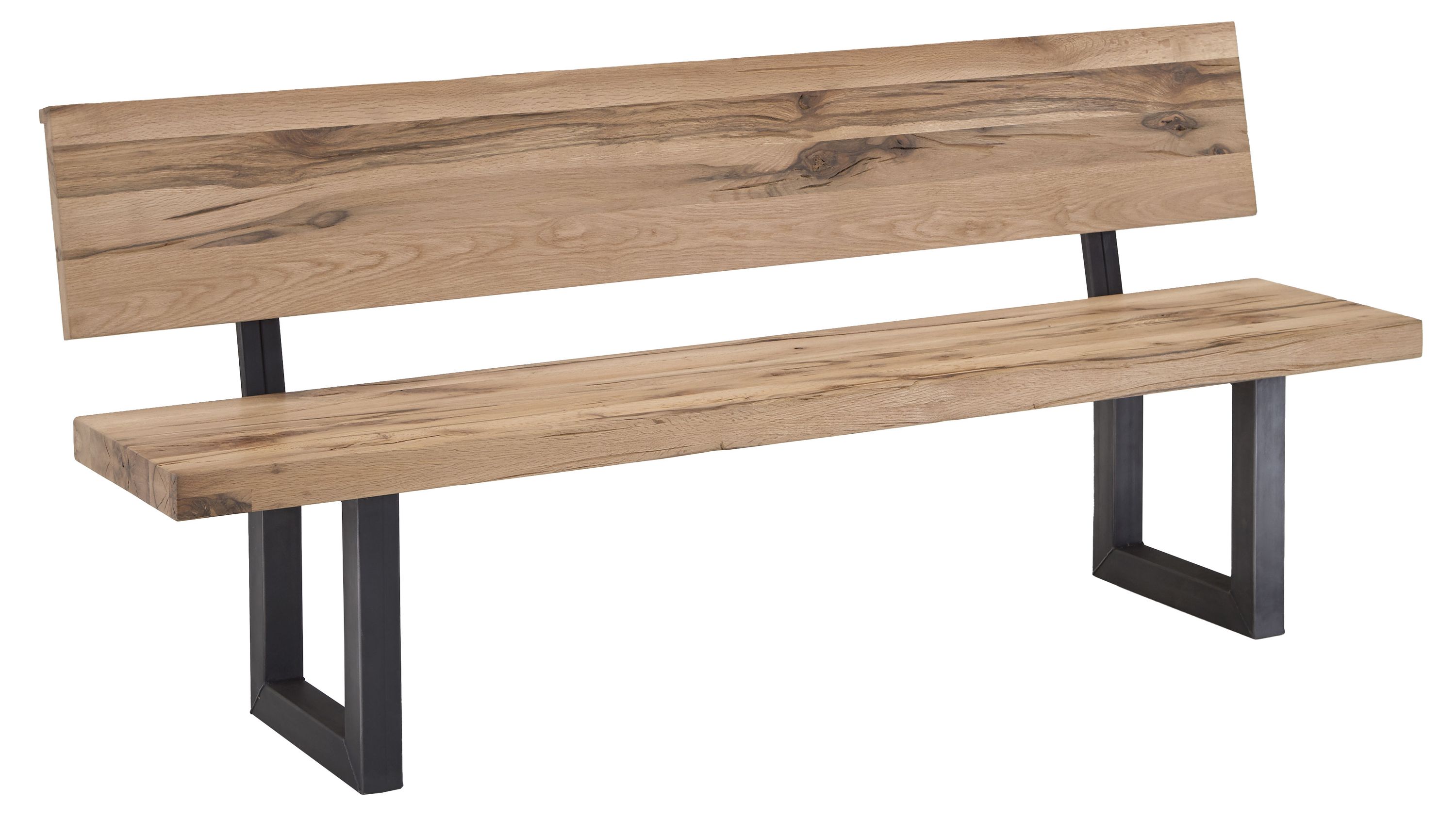 Holzbank mit Rückenlehne aus geöltem Holz und schwarzen Metallbeinen