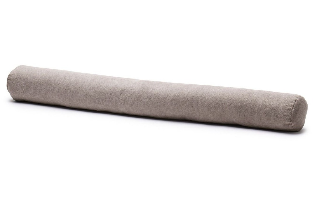 Zylindrischer Zugluftstopper in Beige aus Polyester frontal und leicht von oben fotografiert gesamte Länge sichtbar