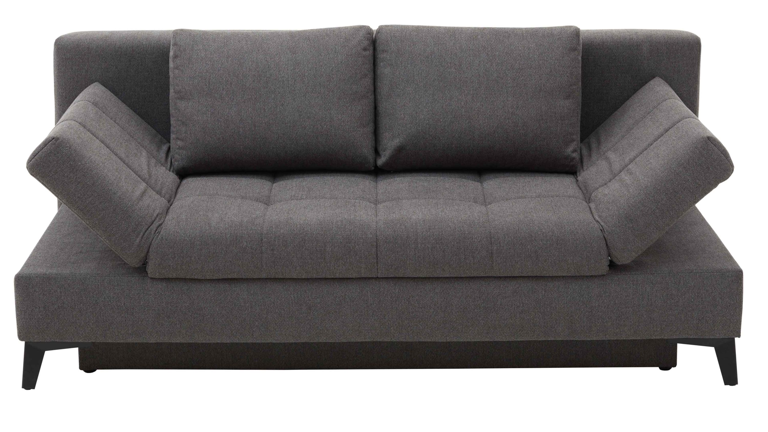 Anthrazitfarbenes Schlafsofa mit aufklappbaren Armlehnen Anthrazitfarbenes Schlafsofa mit zwei aufklappbaren Armlehnen und schwarzen Metallfüßen