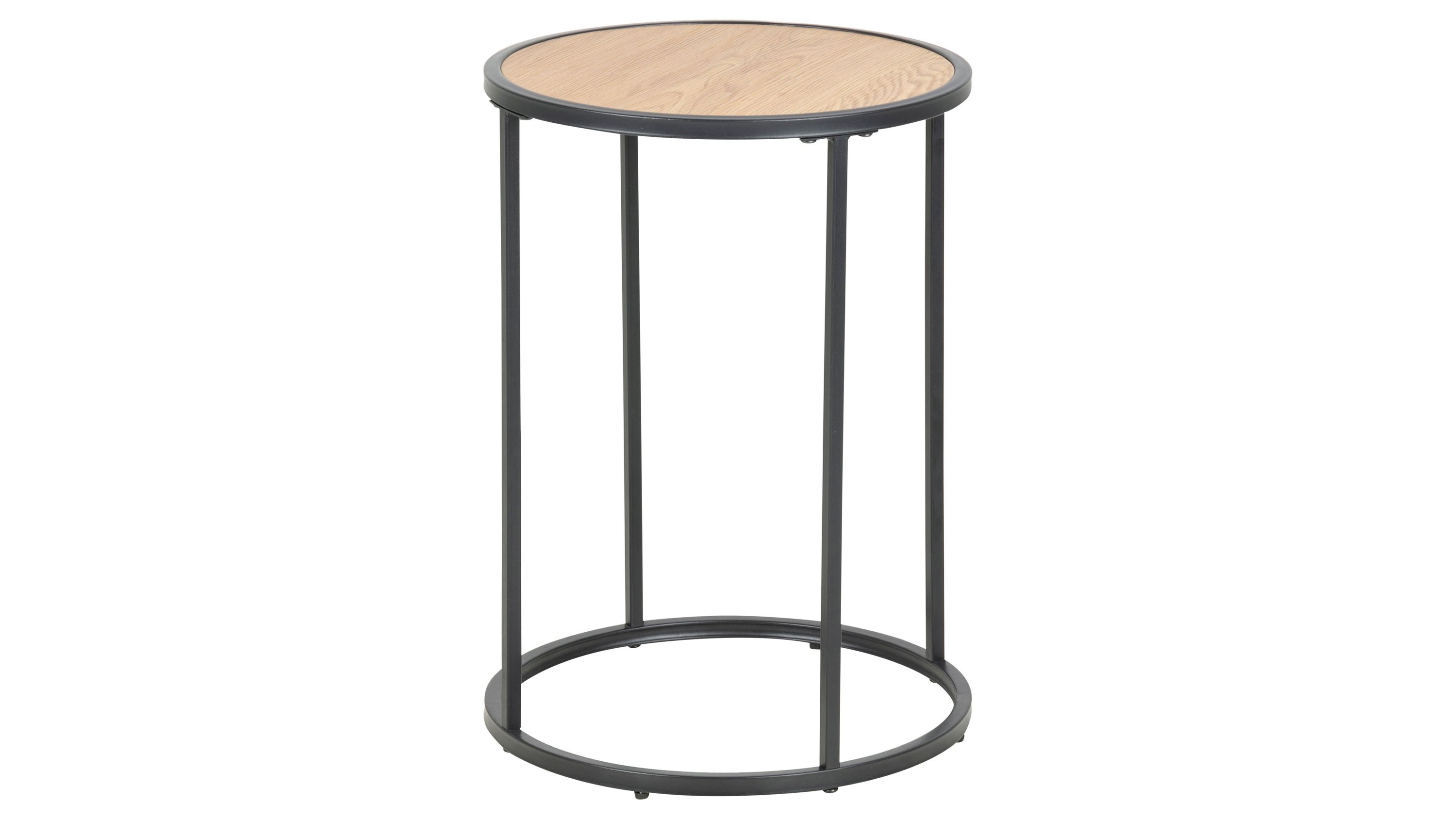Runder Beistelltisch mit hellem Holzplatte und schwarzem Metallgestell