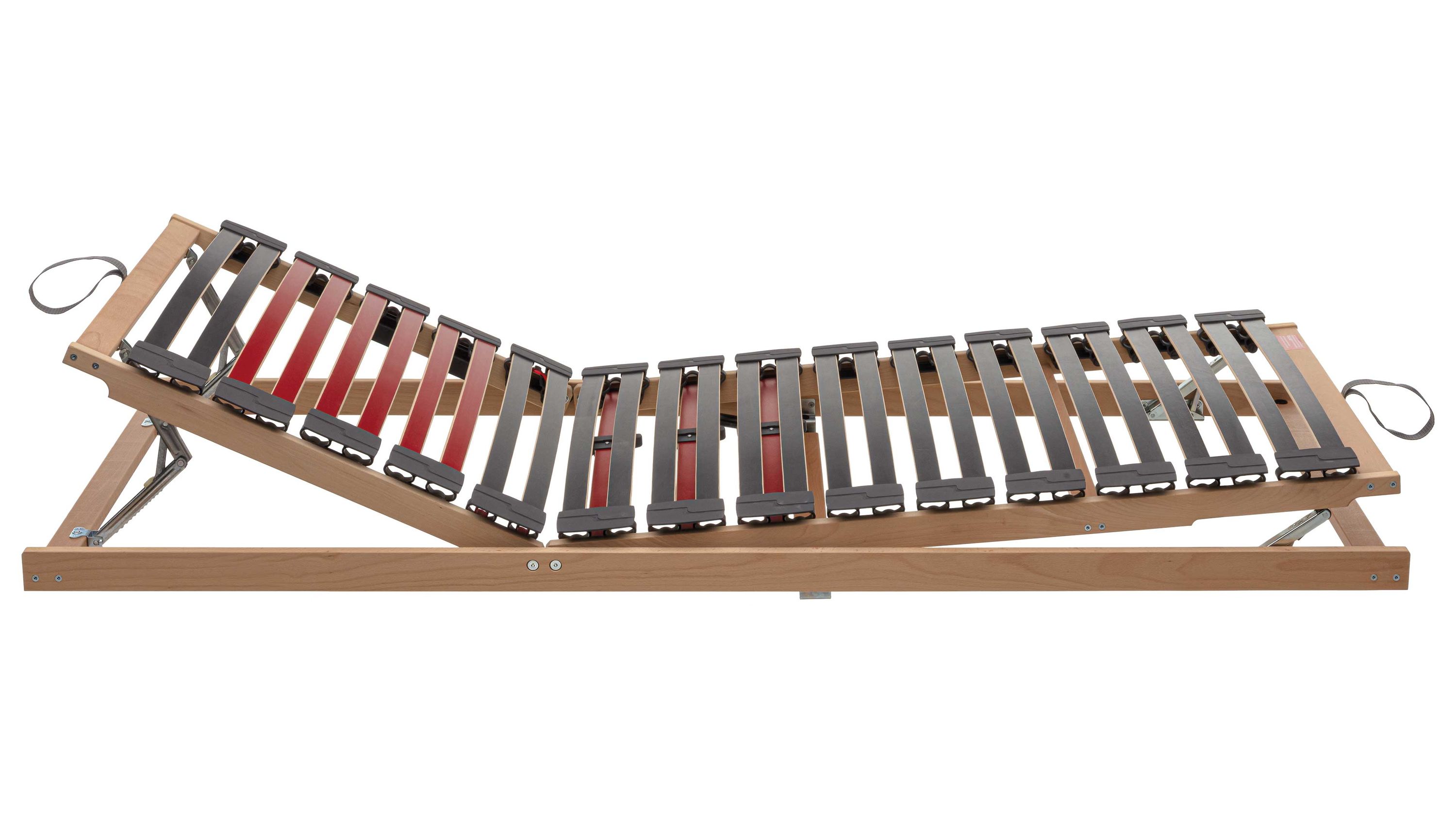 Verstellbarer Lattenrost mit Hebehilfe aus Holzlatten Lattenrost mit verstellbarem Kopfteil und Hebehilfe aus Holzlatten und Metallbeschlägen