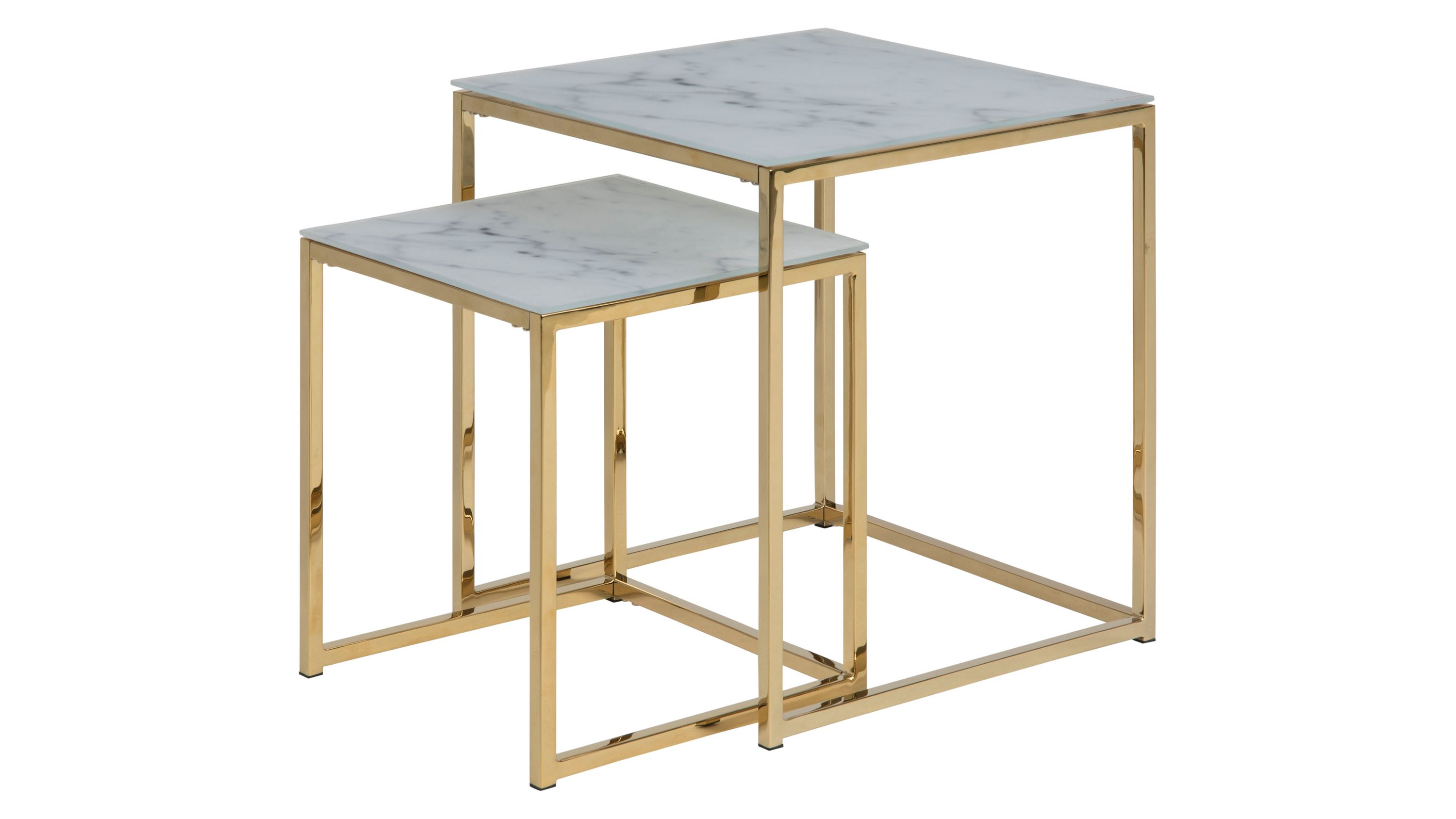 Zwei quadratische Wohnzimmertische mit weißen Tischplatten und goldfarbenen Metallgestellen