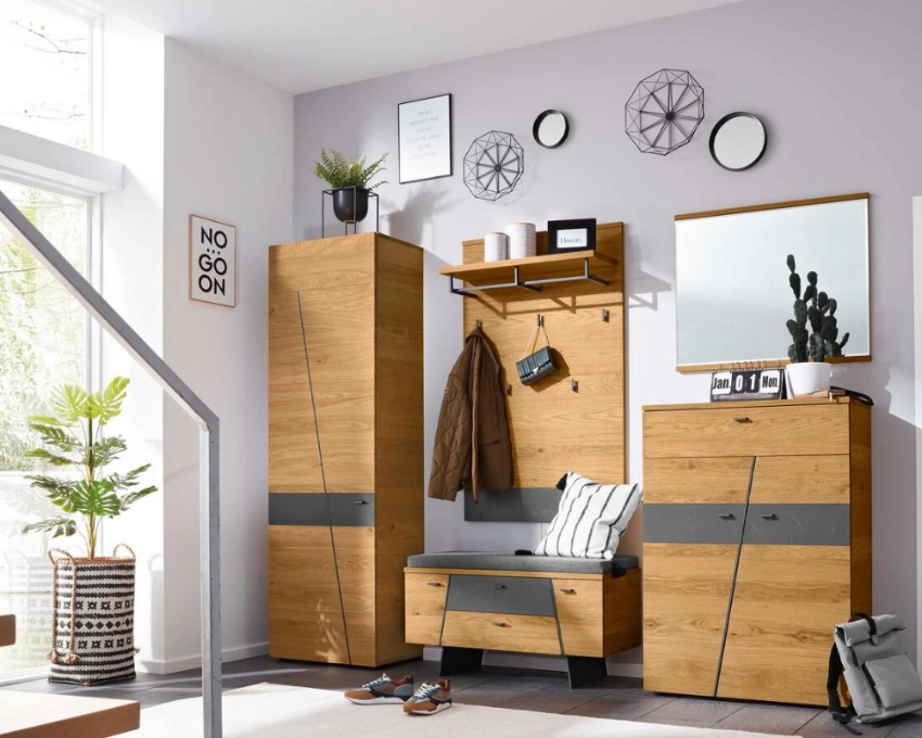 Interliving Garderoben-Set im Eingangsbereich Flurgarderobe mit Spiegel, Ablagefläche und Kleiderhaken in Holzoptik