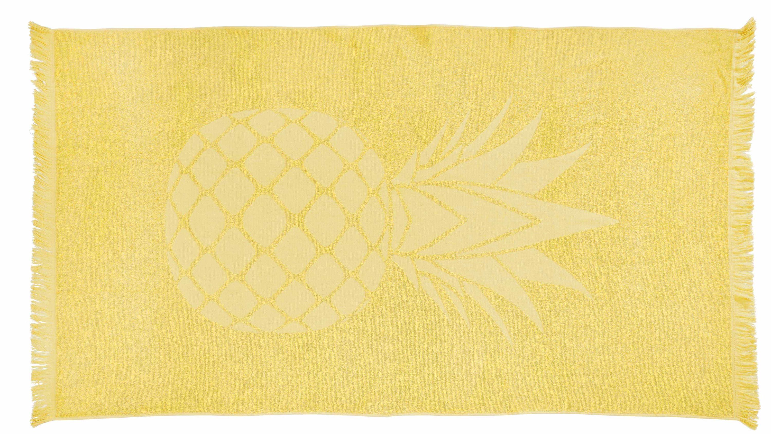 Rechteckiges gelbes Hamamtuch mit Ananas-Motiv und Fransen an den kurzen Seiten