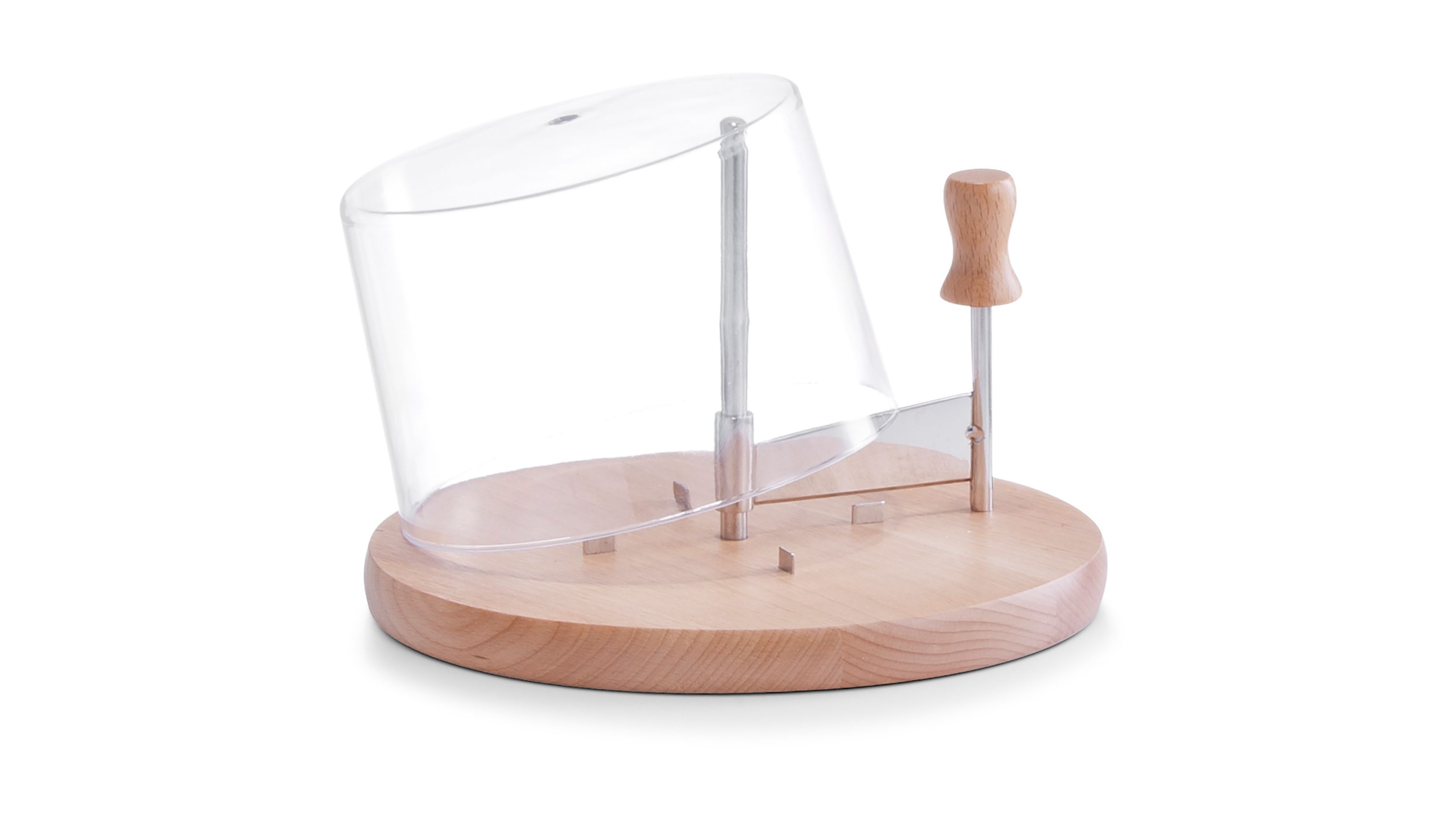 Rundes Schneidebrett aus Holz mit transparentem Schutzdeckel und Messer mit Holzgriff