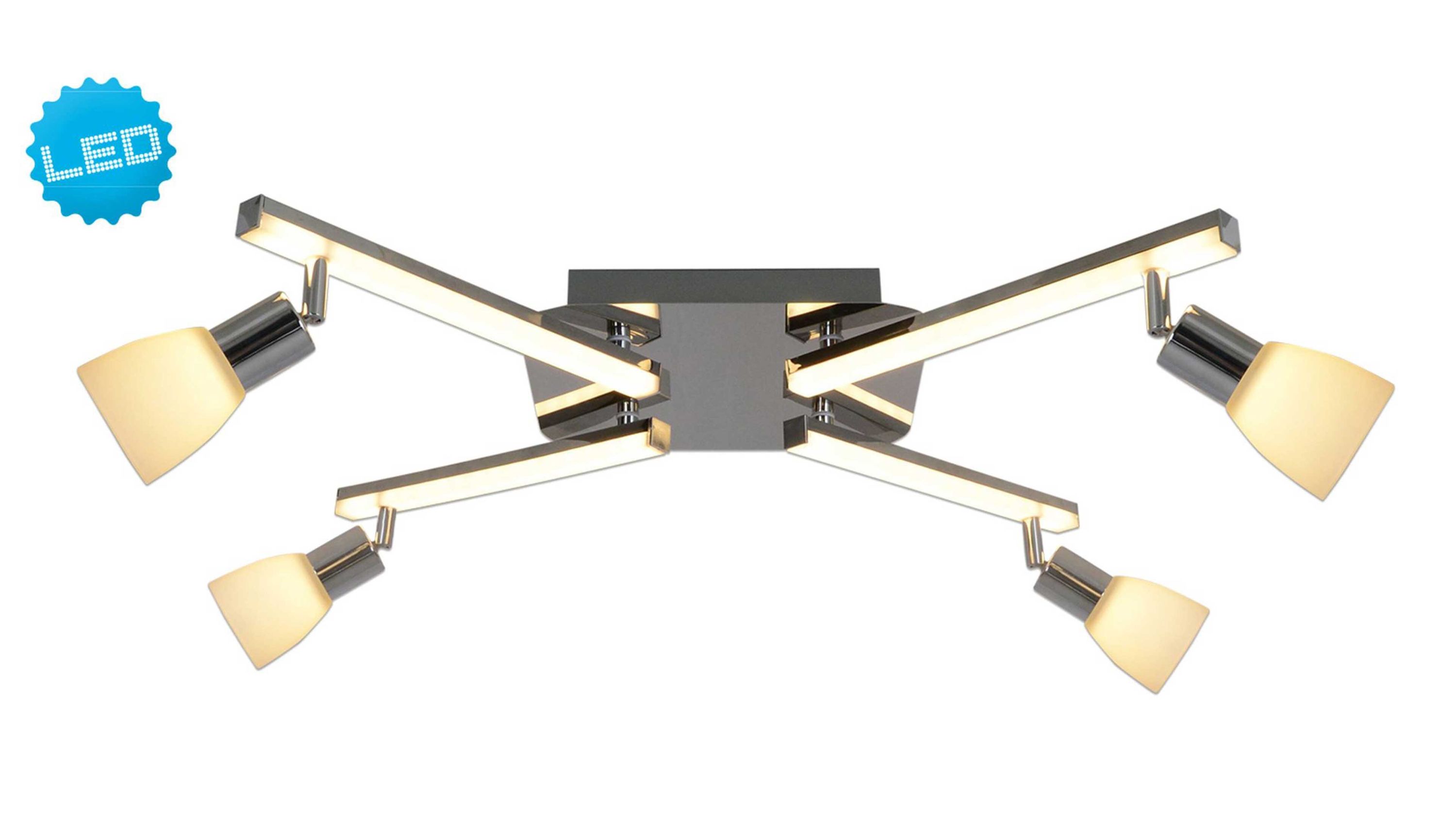 Deckenlampe mit vier verstellbaren Leuchtenköpfen und LED-Stäben in chromfarben und satiniertem Glas