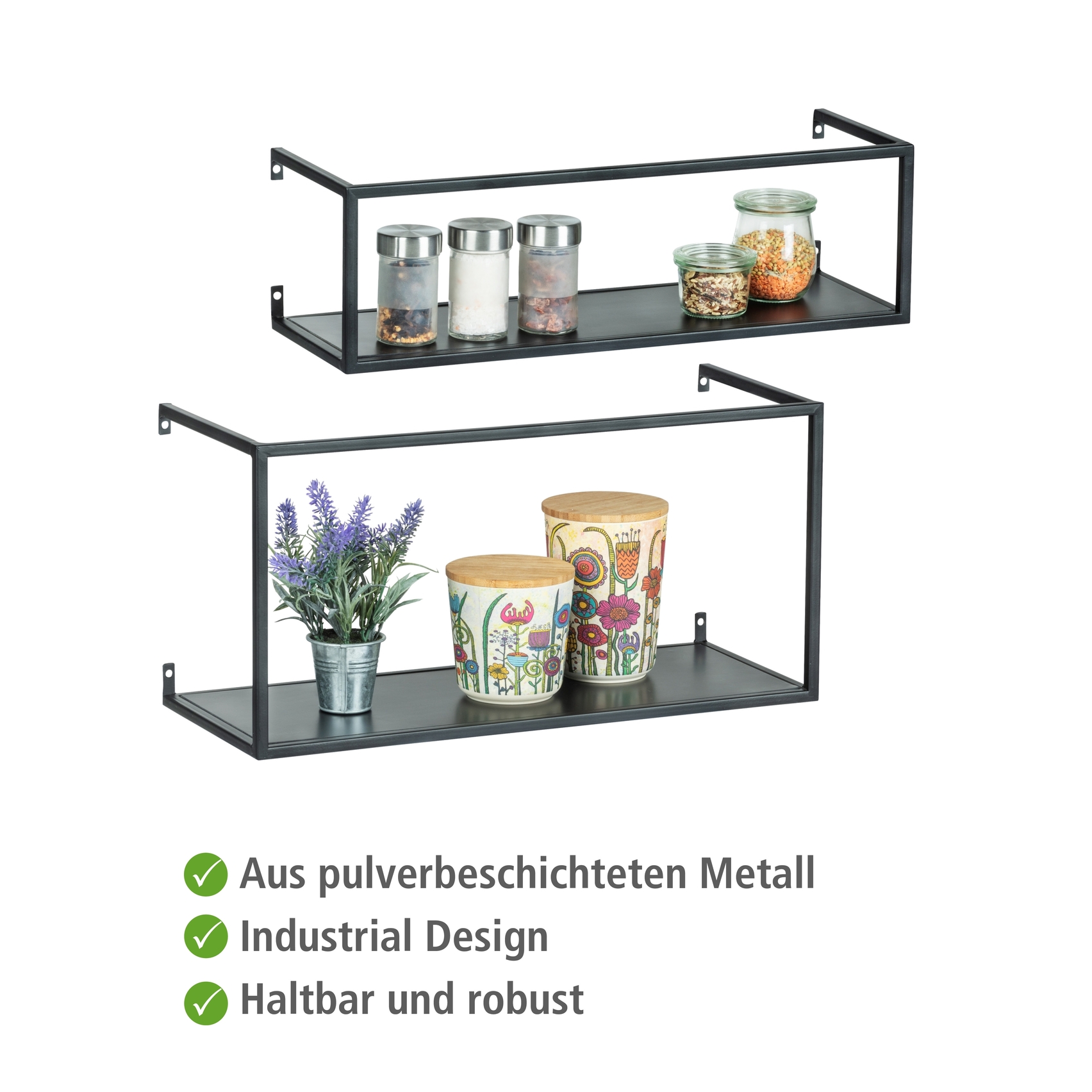 Zwei schwarze Wandregale im Industrial Design mit Gläsern und Pflanzen frontal leicht schräg von links aufgenommen