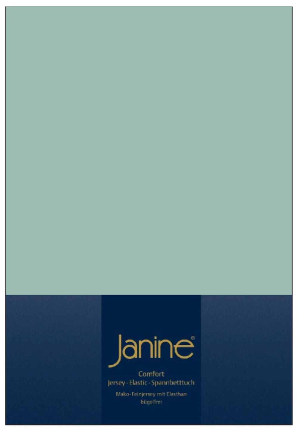 Rauchgrünes Janine Jersey-Elastik-Spannbettlaken, Verpackung mit Janine-Logo und blauer Banderole fronta