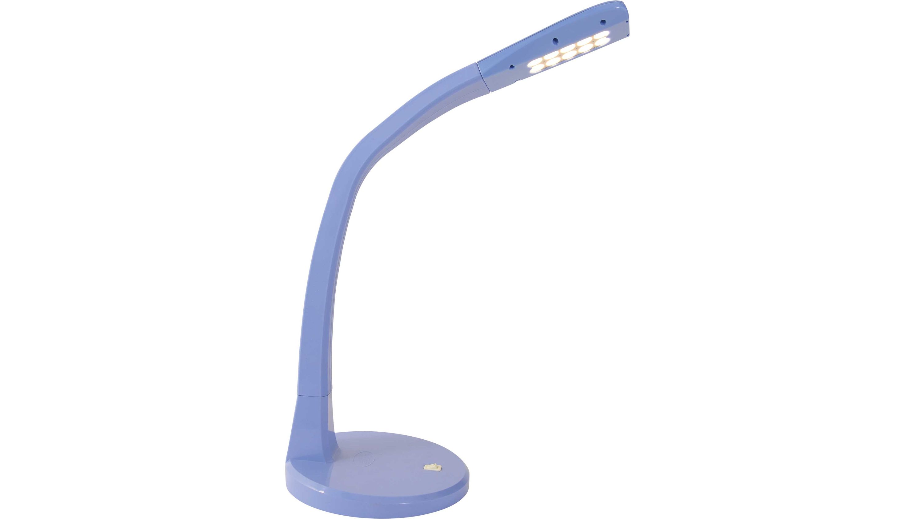 Schreibtischleuchte mit gebogenem Arm und rundem Sockel in blau mit LED-Leuchtfläche