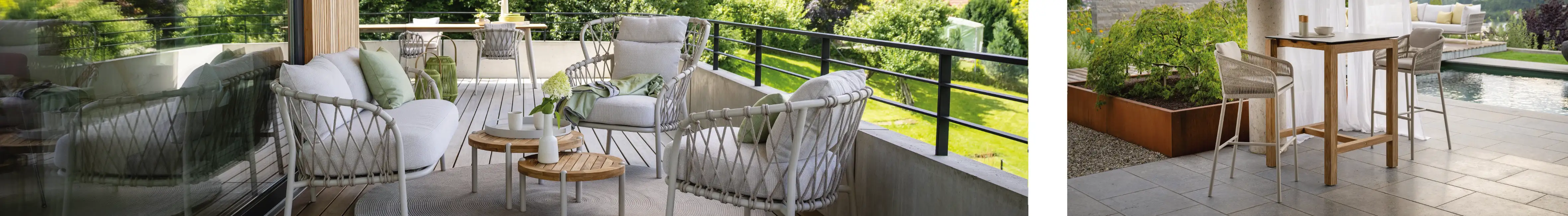 Outdoor-Lounge auf Balkon mit Sesseln und Couchtischen sowie Bar-Tisch mit Stühlen auf moderner Terrasse am Pool.
