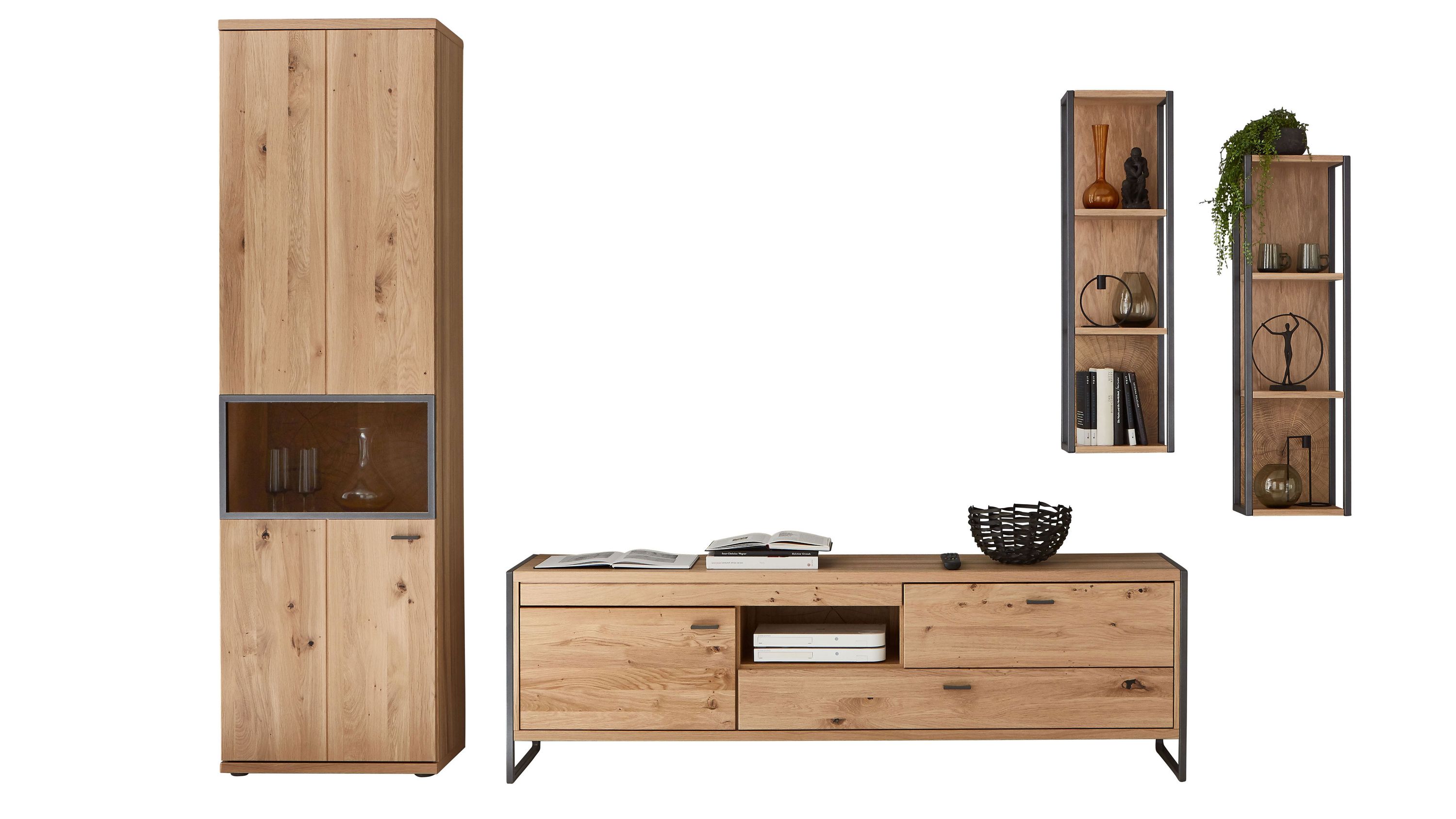Vierteilige Wohnwand aus Holz mit Schrank Sideboard und zwei Wandregalen in hellbraun und schwarz